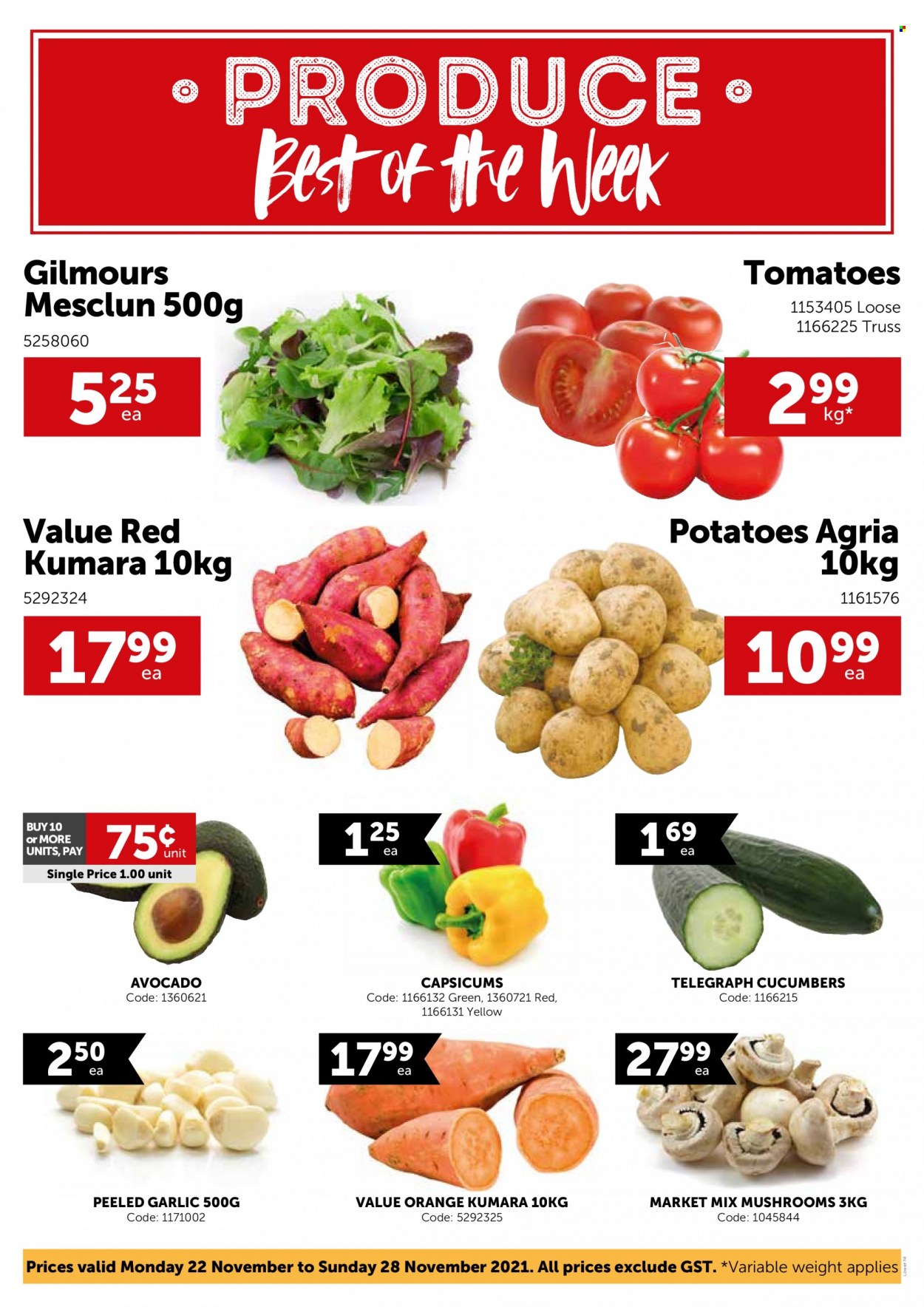 thumbnail - Gilmours mailer - 22.11.2021 - 28.11.2021 - Sales products - mushrooms, cucumber, garlic, tomatoes, potatoes, capsicum, mesclun, avocado, oranges. Page 1.