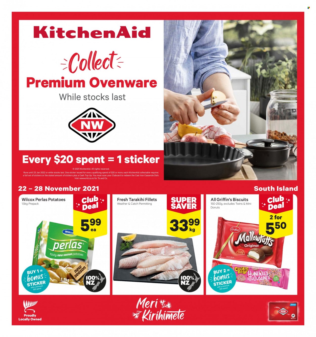 thumbnail - New World mailer - 22.11.2021 - 28.11.2021 - Sales products - donut, potatoes, tarakihi, biscuit, Griffin's, KitchenAid, casserole, sticker. Page 1.