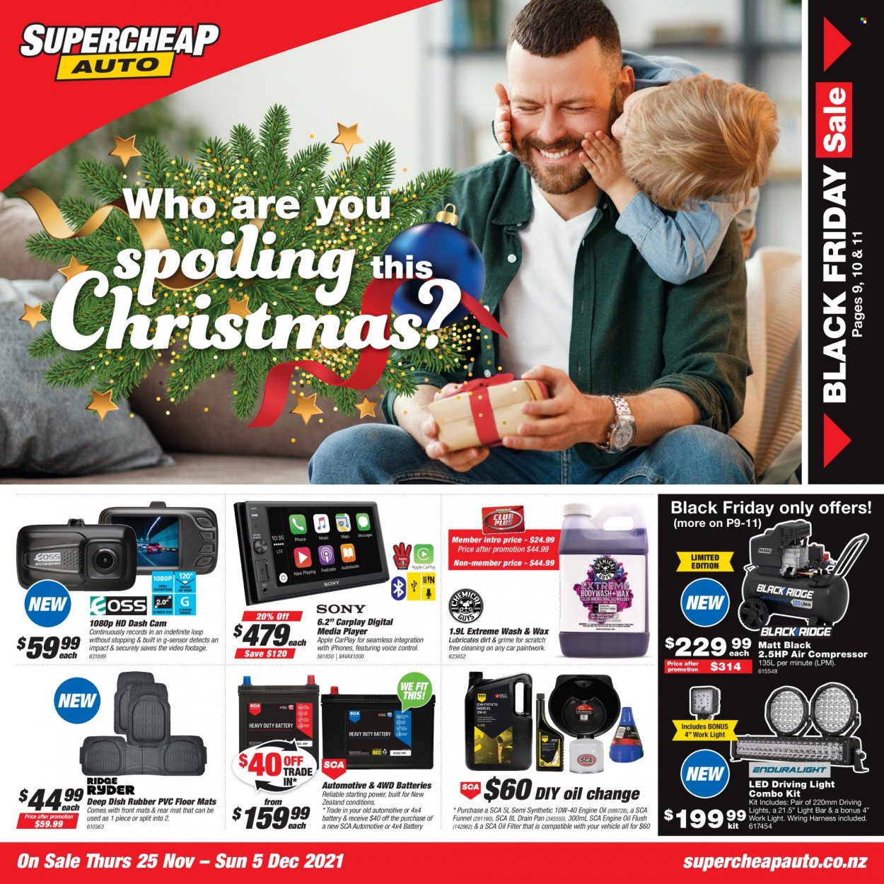 thumbnail - SuperCheap Auto mailer - 25.11.2021 - 05.12.2021 - Sales products - pan, dashboard camera, media player, combo kit, air compressor, work light, oil filter, car battery, automotive batteries, driving lights, wiring harness, motor oil. Page 1.