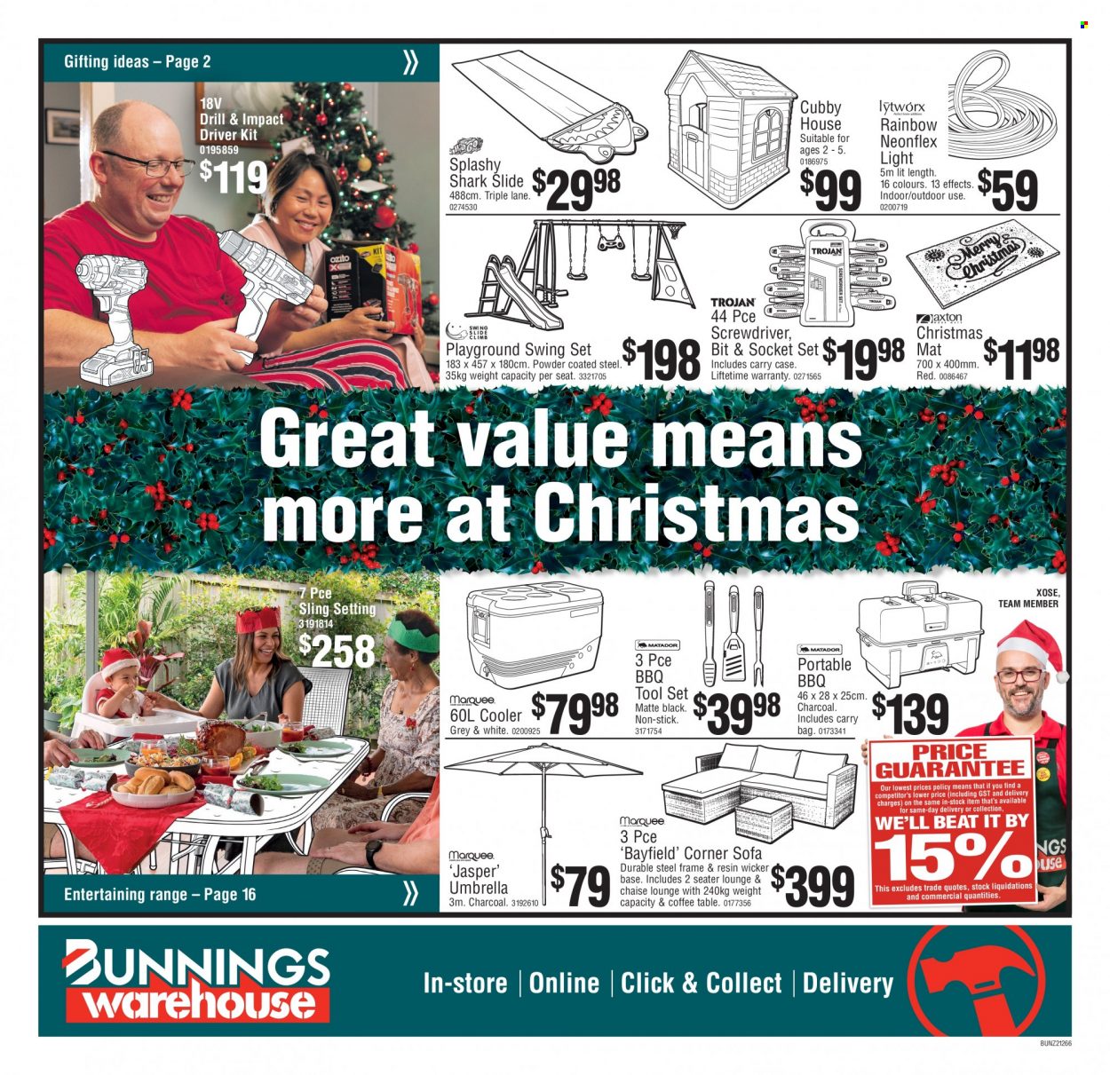 thumbnail - Bunnings Warehouse mailer - 29.12.2021 - 29.12.2021 - Sales products - table, corner sofa, sofa, coffee table, socket, screwdriver, impact driver, socket set, tool set, cubby house, umbrella, portable barbecue. Page 1.