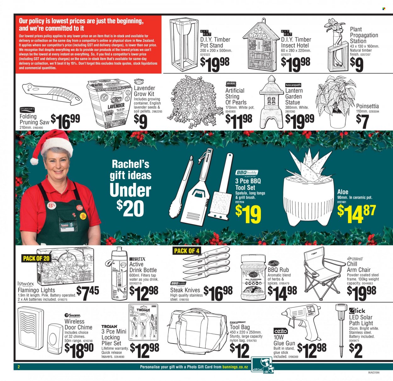 thumbnail - Bunnings Warehouse mailer - 29.12.2021 - 29.12.2021 - Sales products - chair, arm chair, container, lantern, knife, spatula, pot, drink bottle, steak knife, aa batteries, glue, saw, tong, pliers, tool set, glue gun, poinsettia. Page 2.