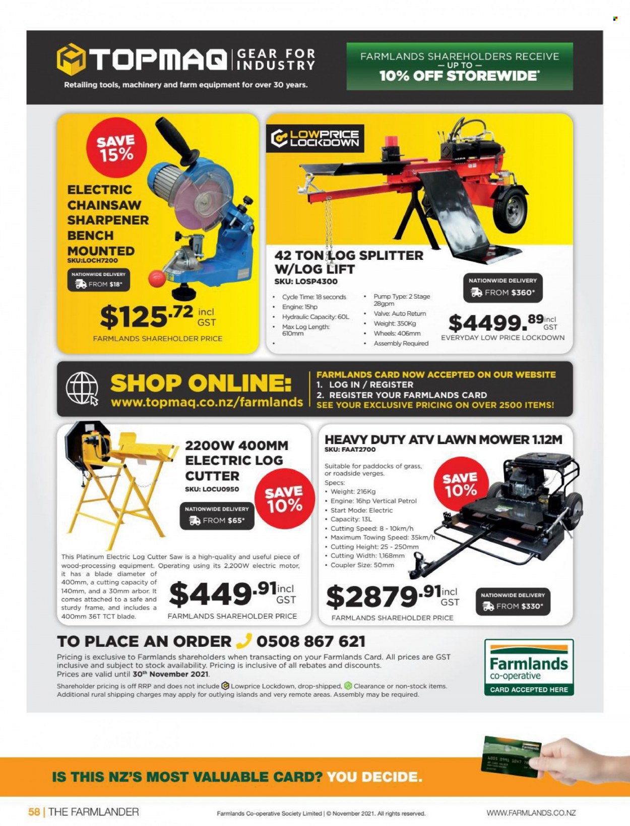 thumbnail - Farmlands mailer - 01.11.2021 - 30.11.2021 - Sales products - chain saw, saw, lawn mower, log splitter, cutter. Page 58.