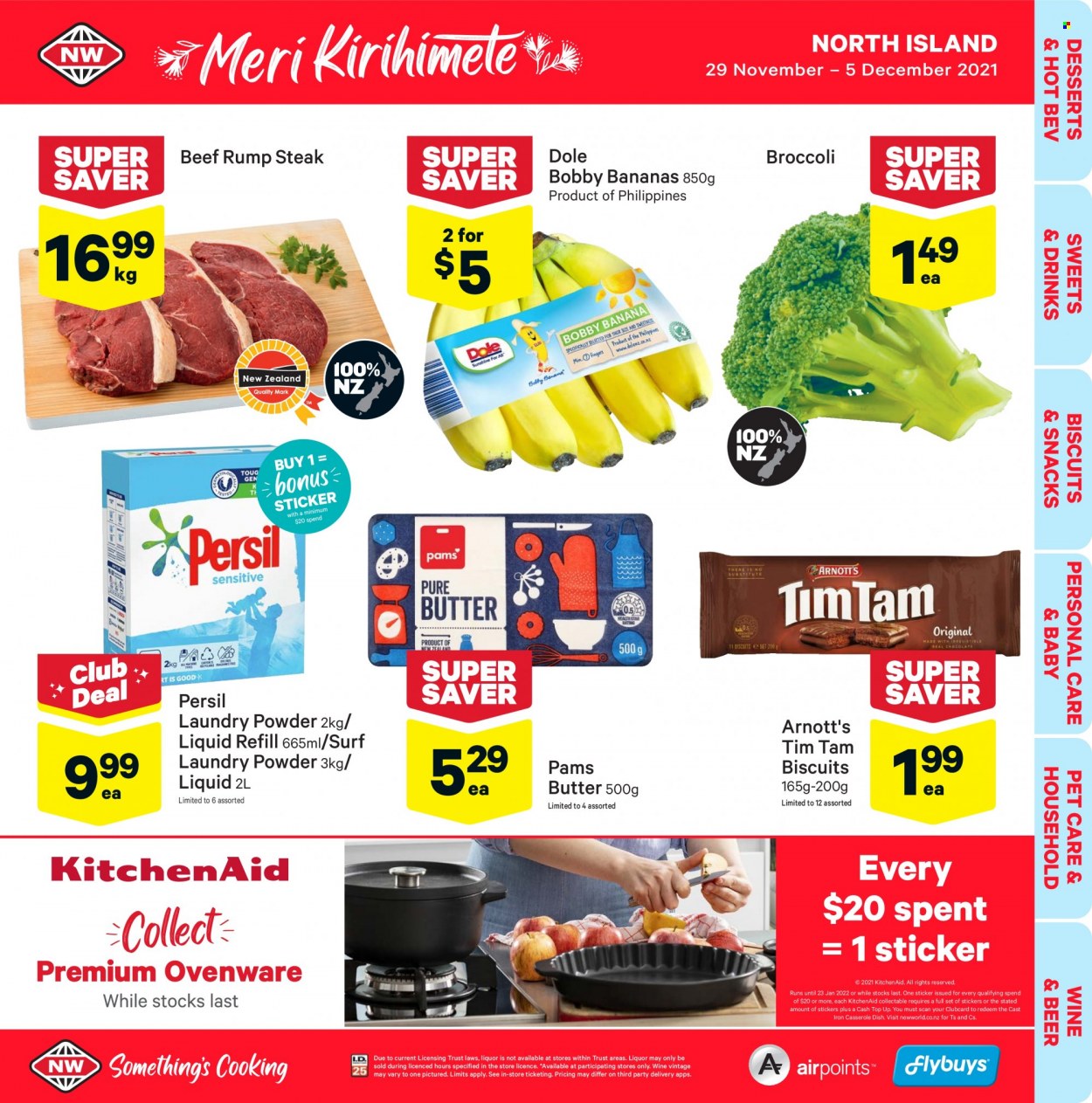 thumbnail - New World mailer - 29.11.2021 - 05.12.2021 - Sales products - broccoli, Dole, bananas, butter, snack, Tim Tam, biscuit, wine, beer, beef meat, steak, rump steak, Persil, laundry powder, Surf, KitchenAid, casserole, sticker. Page 1.