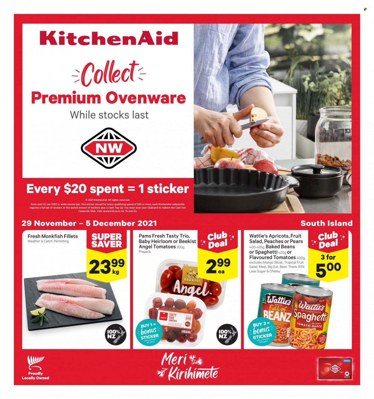 thumbnail - New World mailer - 29.11.2021 - 05.12.2021 - Sales products - beans, tomatoes, mango, pears, apricots, peaches, monkfish, Wattie's, baked beans, fruit salad, KitchenAid, casserole, sticker. Page 1.