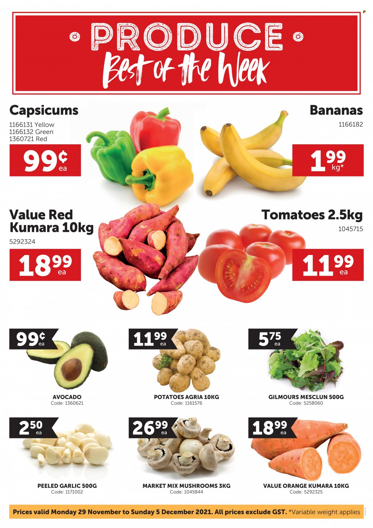 thumbnail - Gilmours mailer - 29.11.2021 - 05.12.2021 - Sales products - mushrooms, garlic, tomatoes, potatoes, capsicum, mesclun, avocado, bananas, oranges. Page 1.