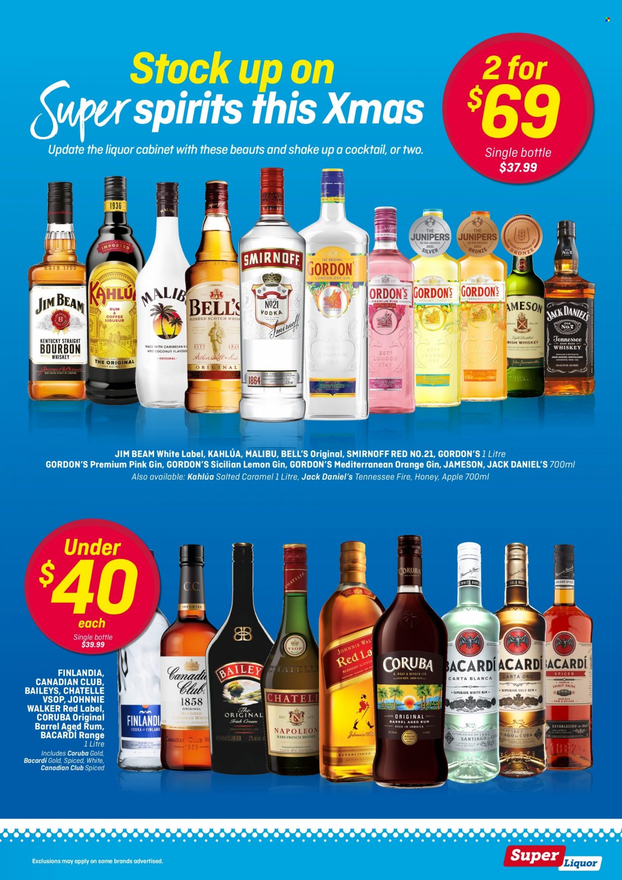 Super Liquor mailer - 29.11.2021 - 19.12.2021 - Sales products - Kahlúa, Bacardi, gin, rum, Smirnoff, Jack Daniel's, Jameson, Baileys, liquor, Johnny Walker, Gordon's, Malibu, Jim Beam. Page 9.