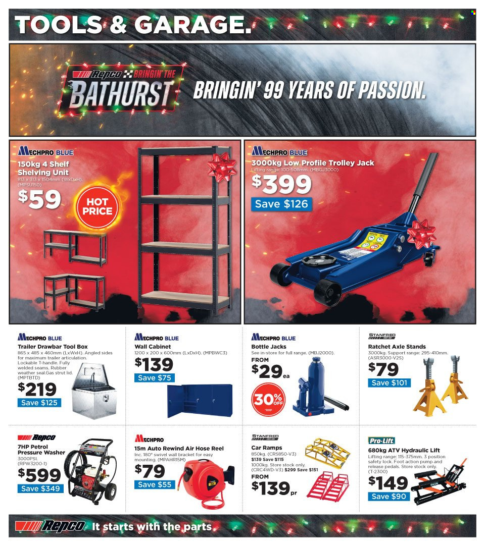 thumbnail - Repco mailer - 01.12.2021 - 14.12.2021 - Sales products - trolley, lid, trailer, tool box, cabinet, wall cabinet, pressure washer, air hose, Mechpro Blue, car ramps. Page 14.