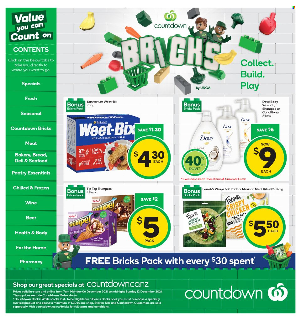 thumbnail - Countdown mailer - 06.12.2021 - 12.12.2021 - Sales products - Tip Top, wraps, cereals, Weet-Bix, wine, beer, Dove, body wash, shampoo, conditioner. Page 1.