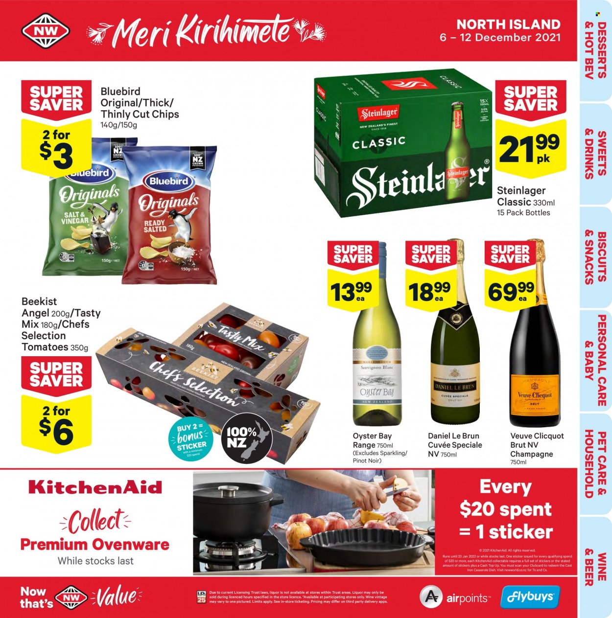 thumbnail - New World mailer - 06.12.2021 - 12.12.2021 - Sales products - tomatoes, oysters, snack, biscuit, Bluebird, red wine, champagne, wine, Pinot Noir, Cuvée, Veuve Clicquot, Daniel Le Brun, beer, Steinlager, KitchenAid, casserole, sticker. Page 1.