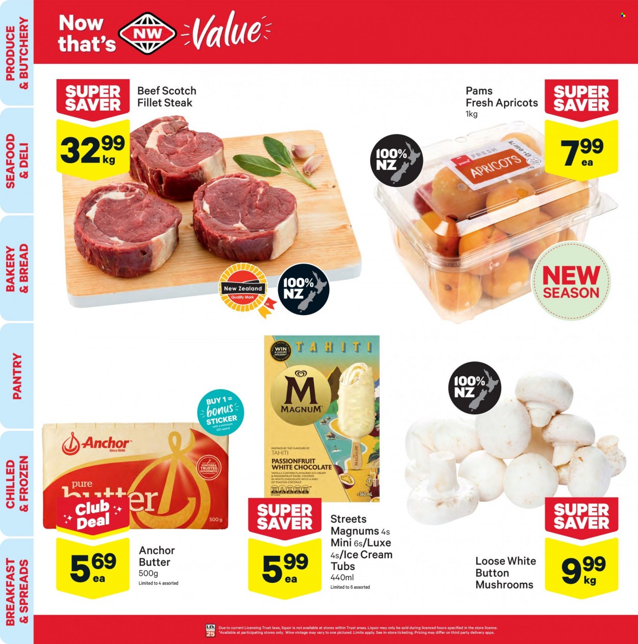 thumbnail - New World mailer - 06.12.2021 - 12.12.2021 - Sales products - mushrooms, bread, apricots, seafood, custard, butter, Anchor, Magnum, ice cream, white chocolate, wine, steak, sticker. Page 2.