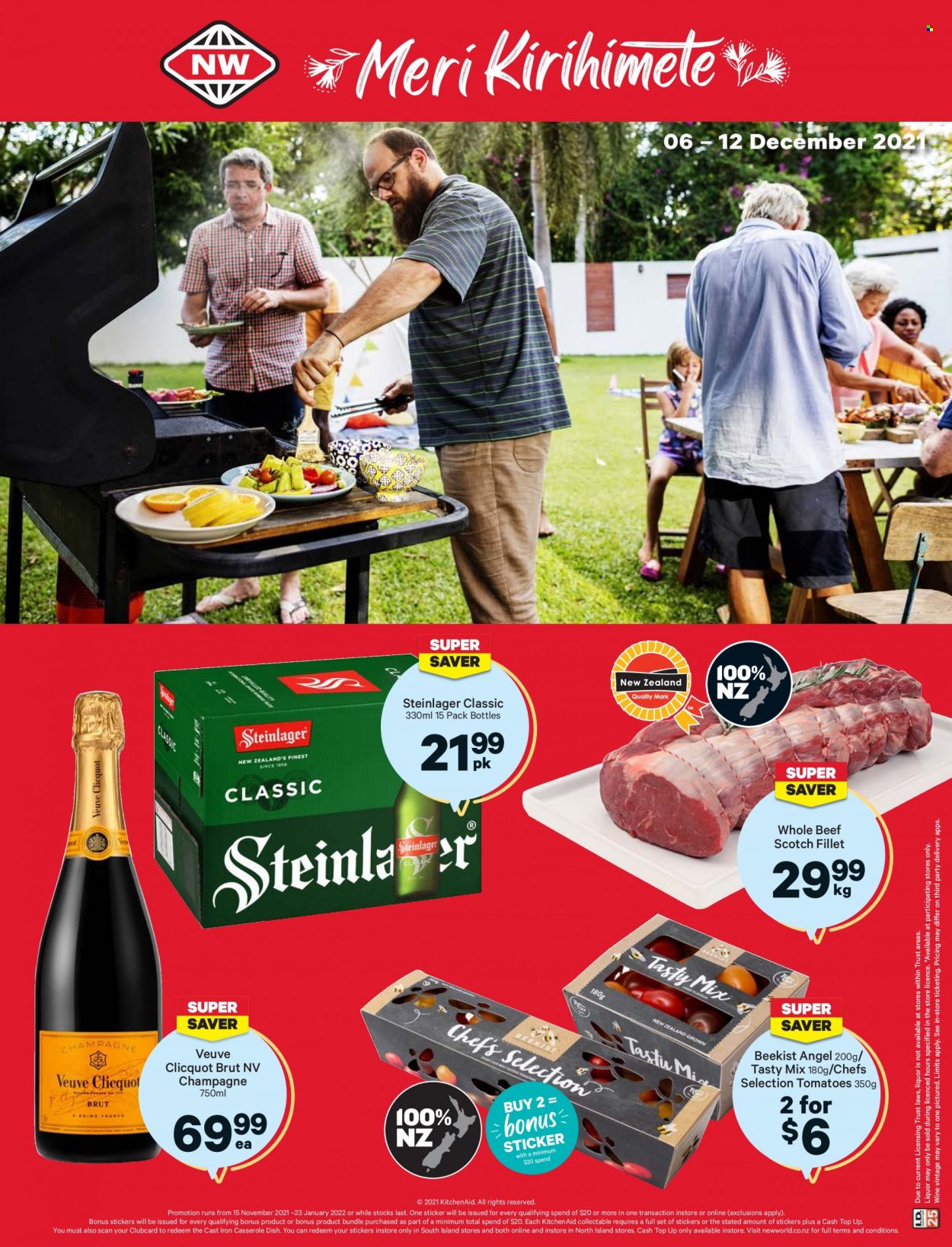 thumbnail - New World mailer - 06.12.2021 - 12.12.2021 - Sales products - tomatoes, champagne, wine, Veuve Clicquot, Steinlager, KitchenAid, casserole, sticker. Page 1.