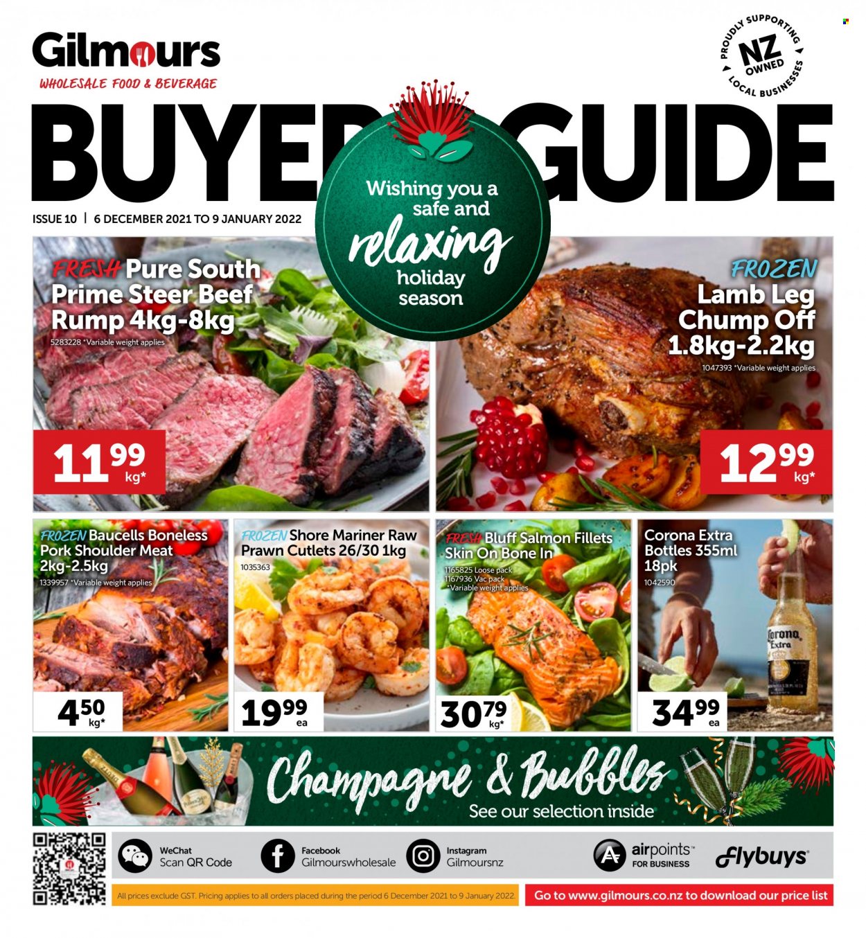 thumbnail - Gilmours mailer - 06.12.2021 - 09.01.2022 - Sales products - salmon, salmon fillet, prawns, Shore Mariner, beer, Corona Extra, pork meat, pork shoulder, lamb meat, lamb leg. Page 1.