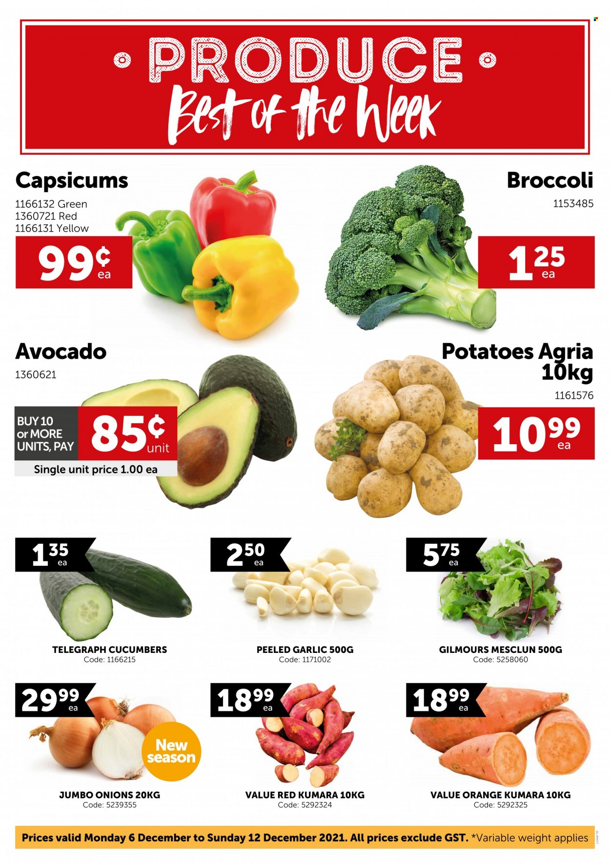 thumbnail - Gilmours mailer - 06.12.2021 - 12.12.2021 - Sales products - broccoli, cucumber, garlic, potatoes, onion, capsicum, mesclun, avocado, oranges. Page 1.