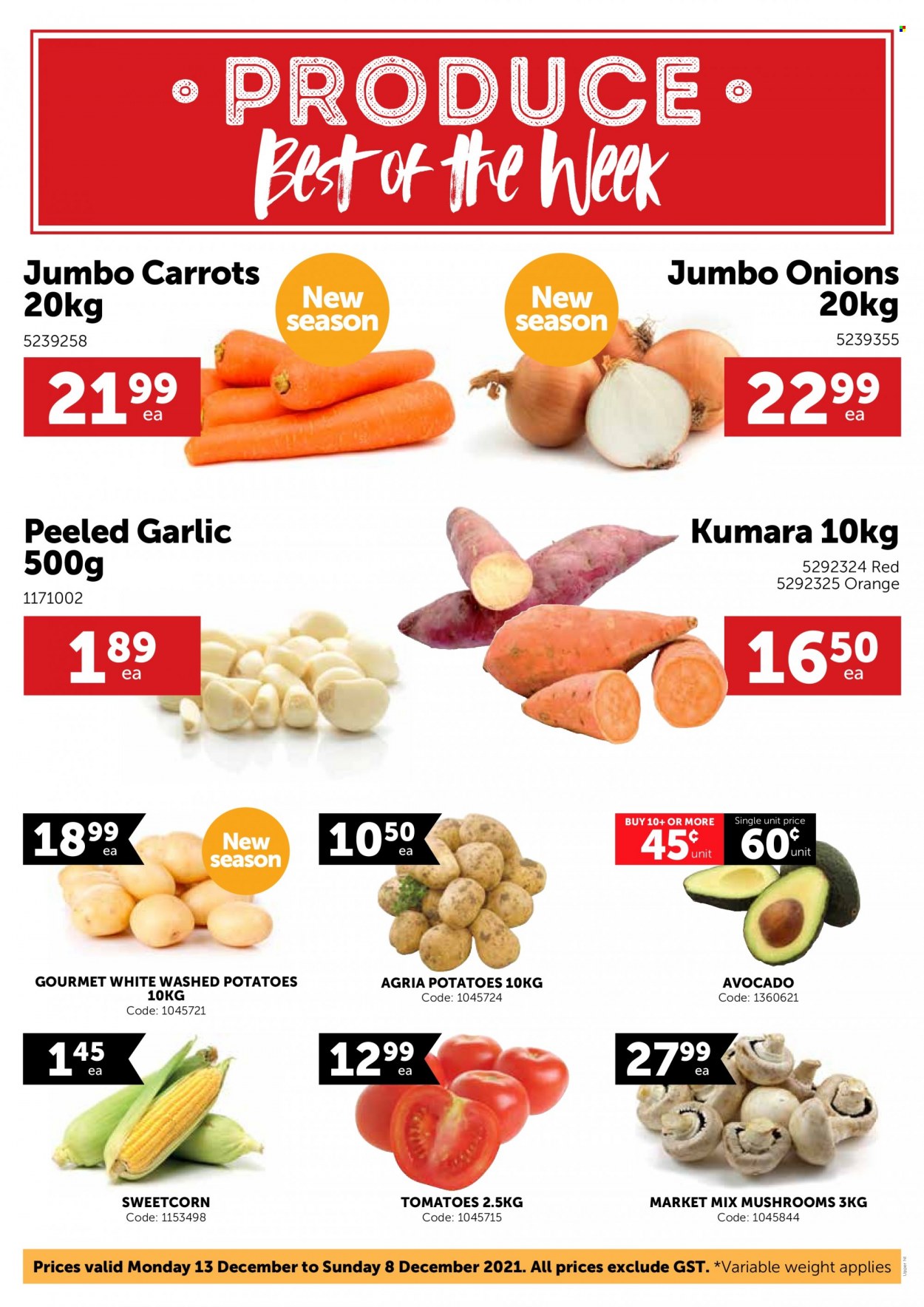 thumbnail - Gilmours mailer - 13.12.2021 - 19.12.2021 - Sales products - mushrooms, carrots, garlic, tomatoes, potatoes, onion, avocado, oranges. Page 1.