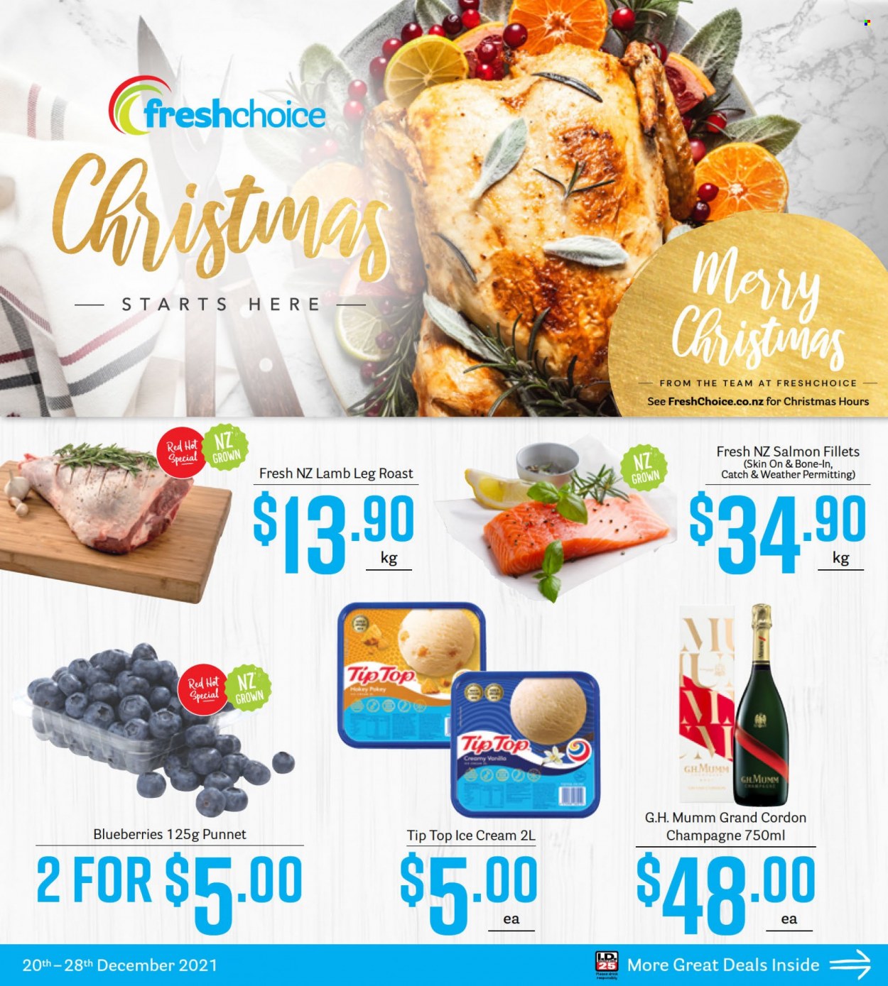 thumbnail - Fresh Choice mailer - 20.12.2021 - 26.12.2021 - Sales products - Tip Top, blueberries, salmon, salmon fillet, ice cream, champagne, lamb meat, lamb leg. Page 1.