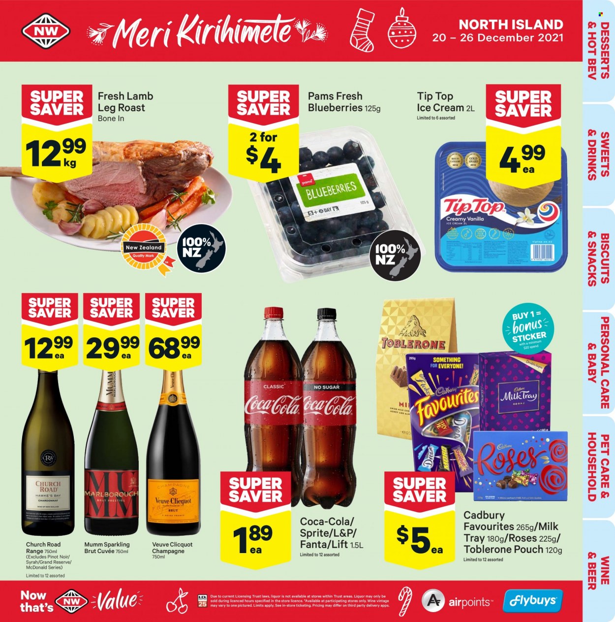 thumbnail - New World mailer - 20.12.2021 - 26.12.2021 - Sales products - Tip Top, blueberries, ice cream, snack, biscuit, Toblerone, Milk Tray, Cadbury, Coca-Cola, Sprite, Fanta, L&P, red wine, sparkling wine, champagne, wine, Pinot Noir, Cuvée, Veuve Clicquot, Syrah, beer, lamb meat, lamb leg. Page 1.