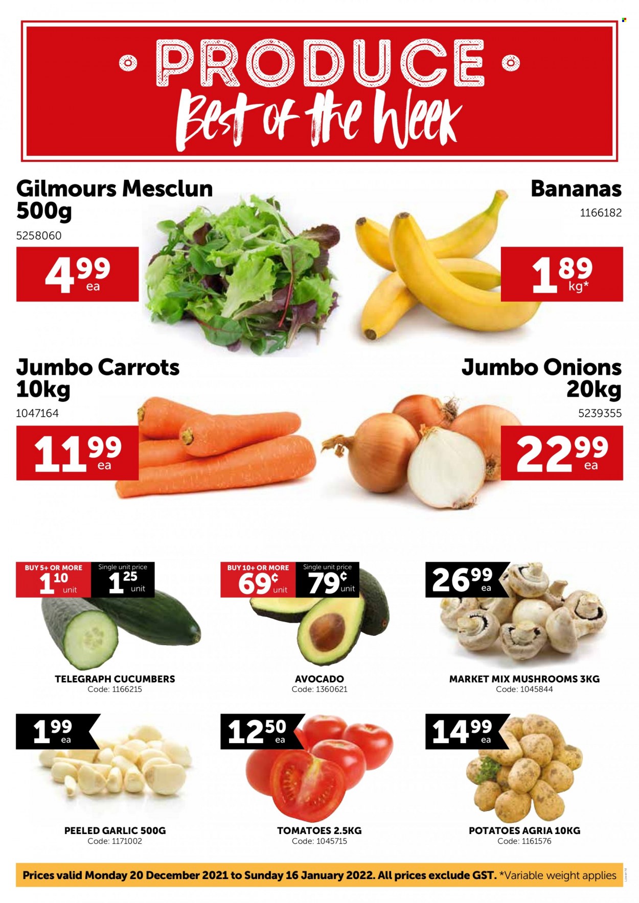 thumbnail - Gilmours mailer - 20.12.2021 - 16.01.2022 - Sales products - mushrooms, carrots, cucumber, garlic, tomatoes, potatoes, onion, mesclun, avocado, bananas. Page 1.