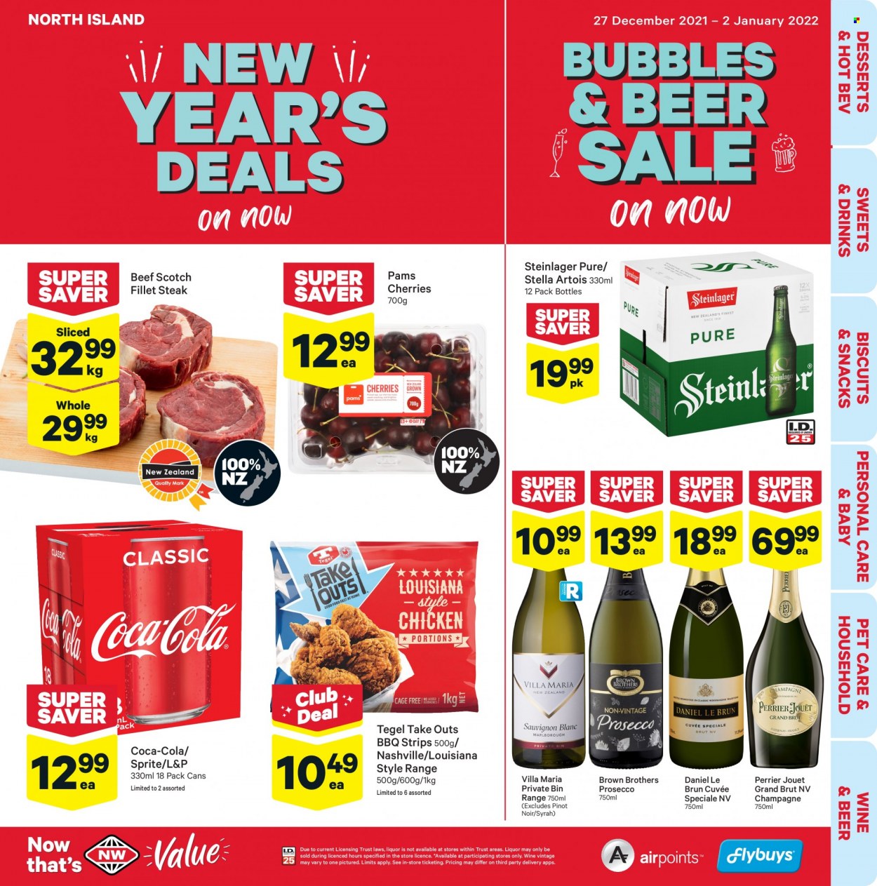 thumbnail - New World mailer - 27.12.2021 - 02.01.2022 - Sales products - cherries, strips, snack, biscuit, Coca-Cola, Sprite, L&P, Perrier, red wine, champagne, prosecco, wine, Pinot Noir, Cuvée, Daniel Le Brun, Syrah, BROTHERS, beer, Steinlager, steak, bin, Stella Artois. Page 1.