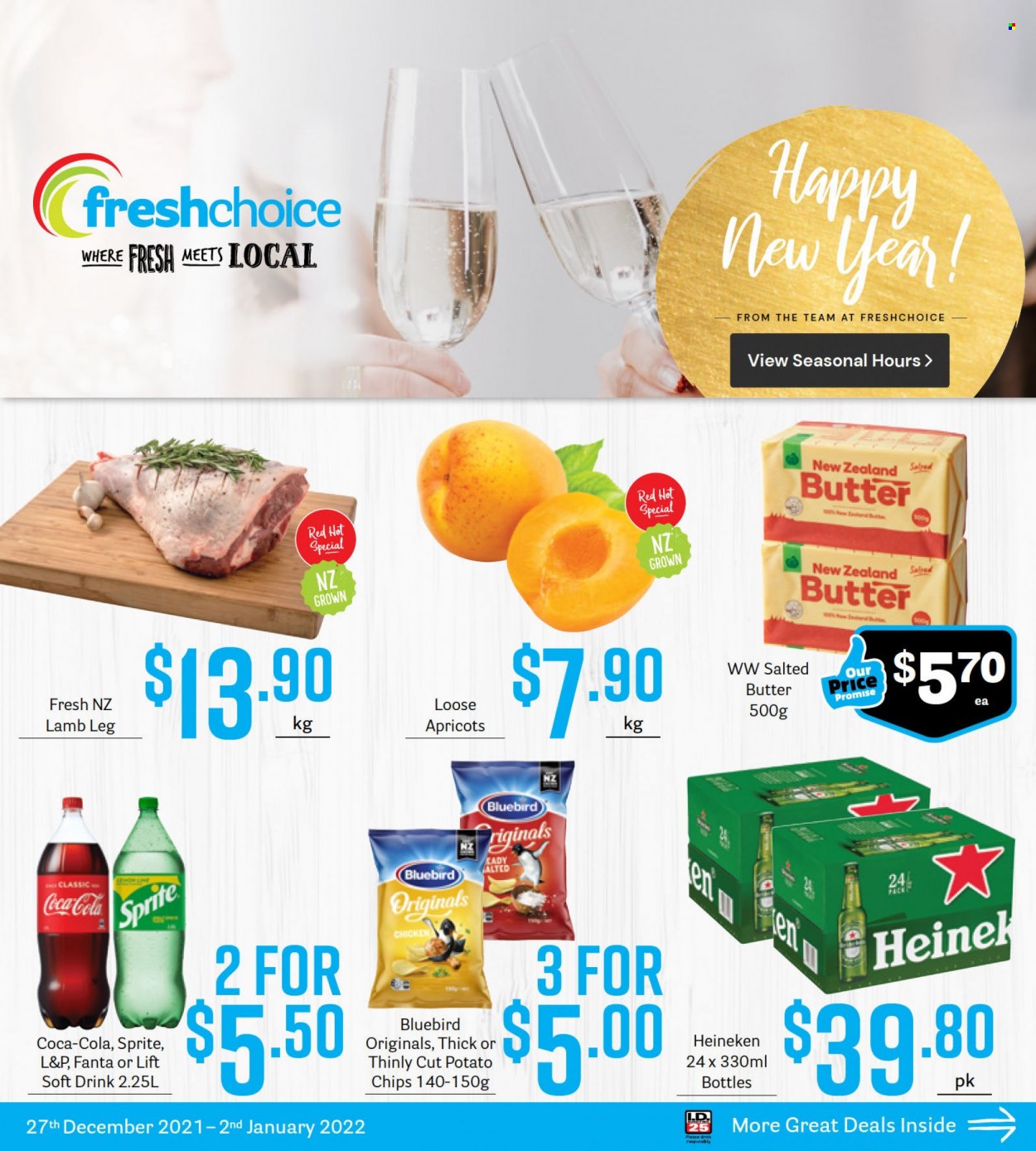 thumbnail - Fresh Choice mailer - 27.12.2021 - 02.01.2022 - Sales products - apricots, butter, chips, Bluebird, Coca-Cola, Sprite, Fanta, soft drink, L&P, beer, Heineken, lamb meat, lamb leg. Page 1.