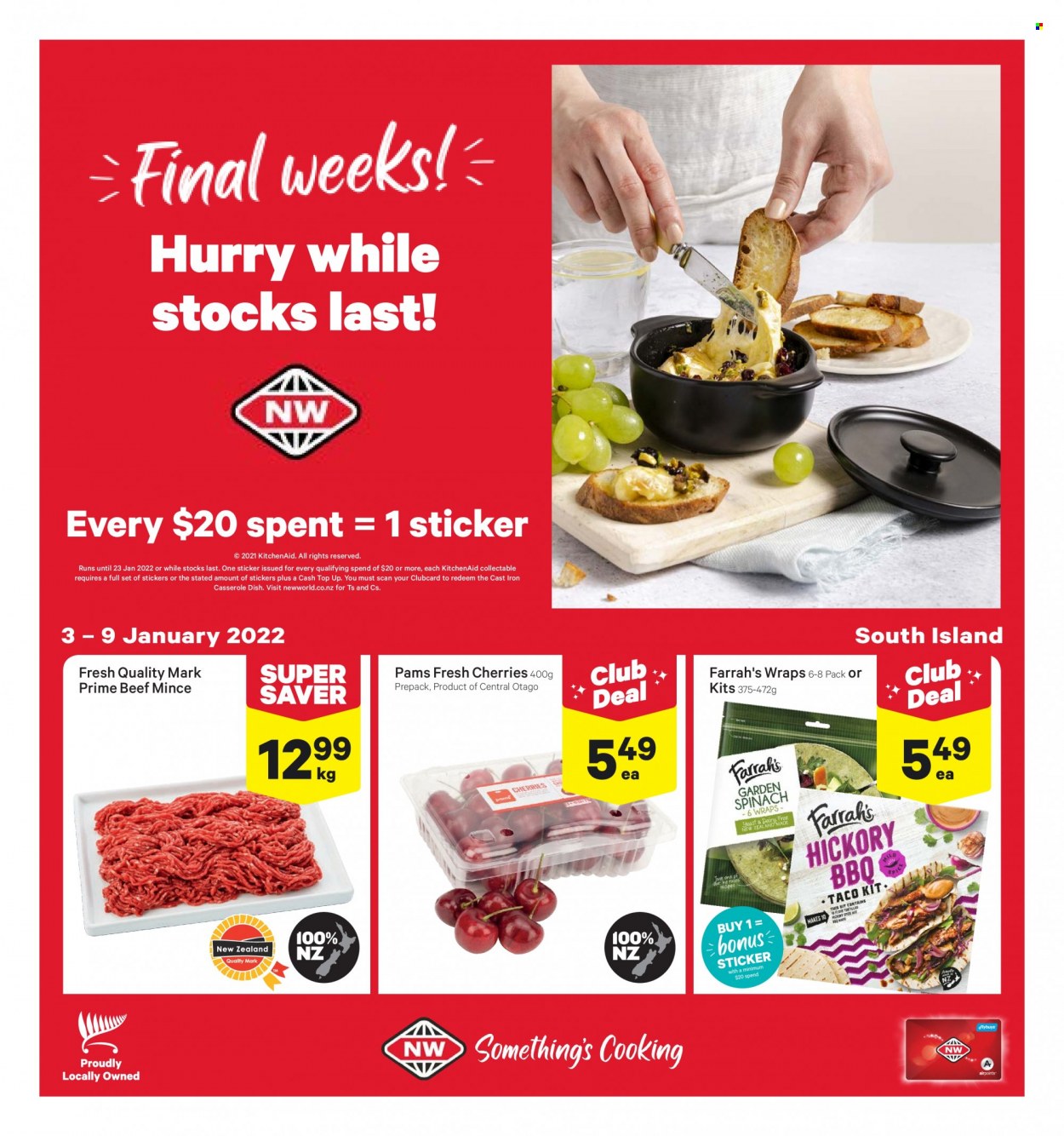 thumbnail - New World mailer - 03.01.2022 - 09.01.2022 - Sales products - wraps, spinach, cherries, yeast, beef meat, ground beef, KitchenAid, casserole, sticker. Page 1.