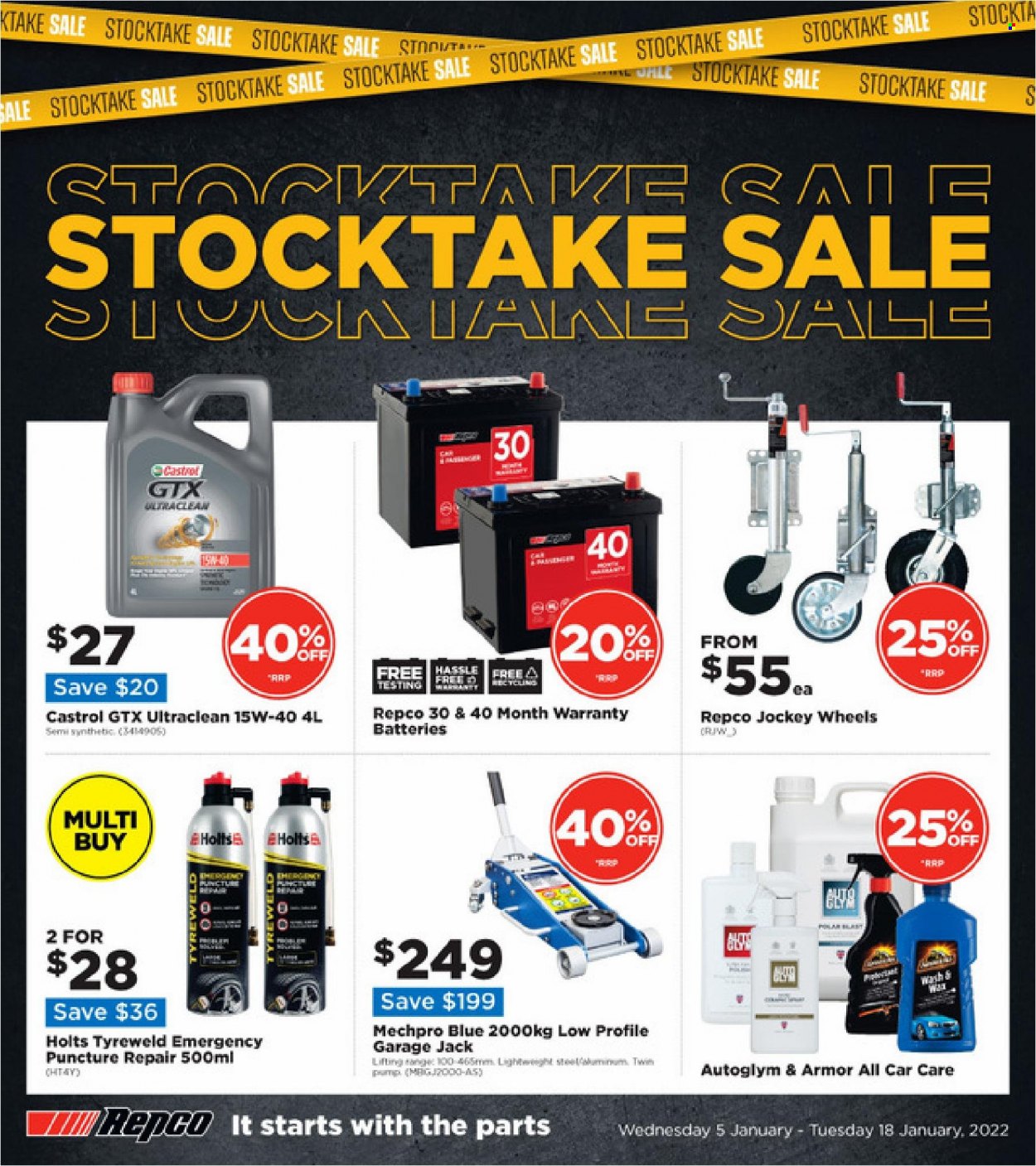Repco mailer - 05.01.2022 - 18.01.2022 - Sales products - battery, Mechpro Blue, Armor All, jockey wheel, Castrol, pump. Page 1.