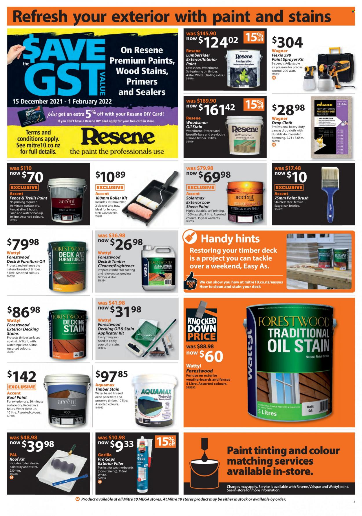 thumbnail - Mitre 10 mailer - 06.01.2022 - 23.01.2022 - Sales products - paint brush, roller, paint sprayer, furniture oil, sprayer, cleaner, Valspar, roof paint. Page 3.
