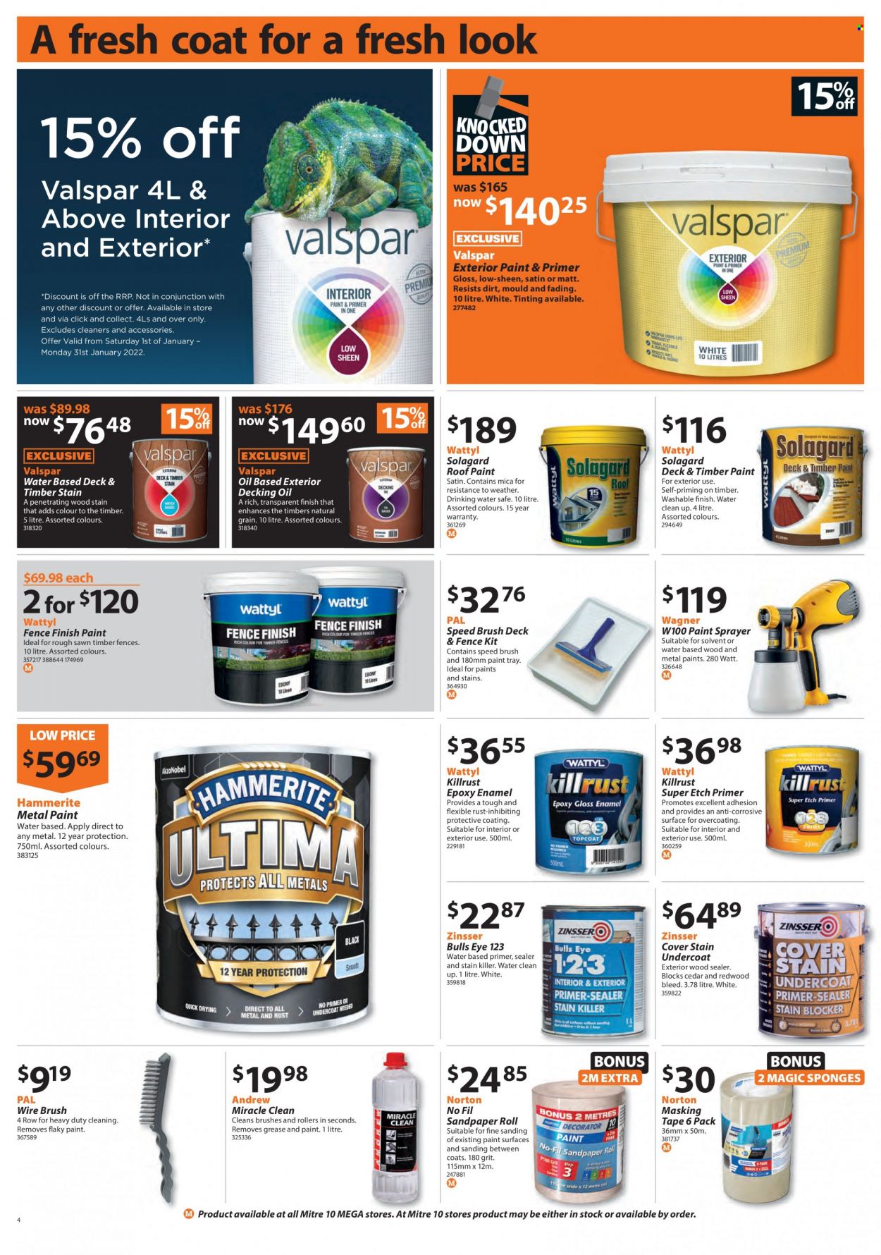 thumbnail - Mitre 10 mailer - 06.01.2022 - 23.01.2022 - Sales products - masking tape, paint sprayer, wire brush, sprayer, Valspar, roof paint. Page 4.