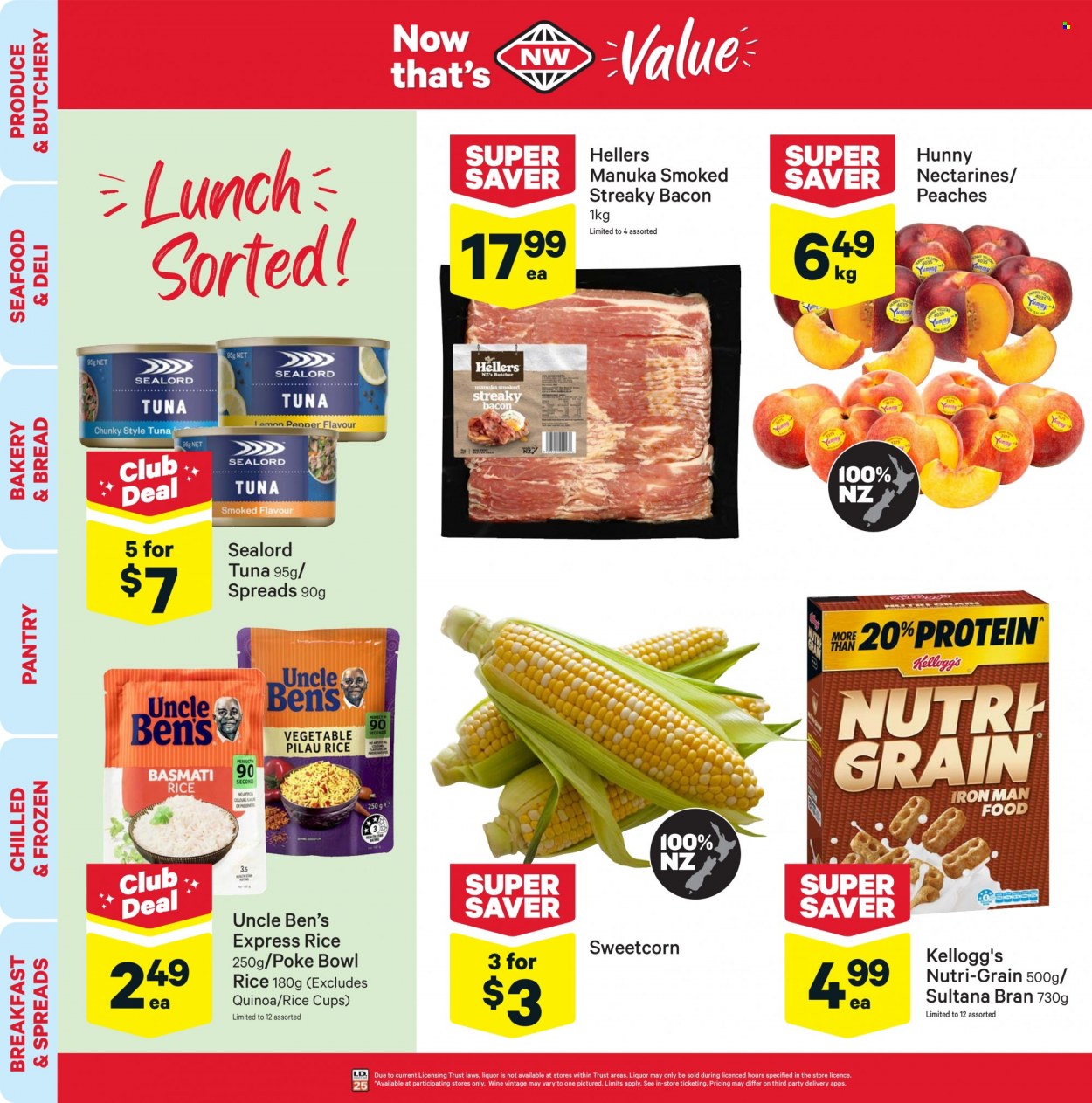 thumbnail - New World mailer - 10.01.2022 - 16.01.2022 - Sales products - bread, nectarines, peaches, tuna, seafood, Sealord, bacon, streaky bacon, Kellogg's, Uncle Ben's, sealord tuna, Nutri-Grain, quinoa, rice, wine, cup, bowl. Page 2.