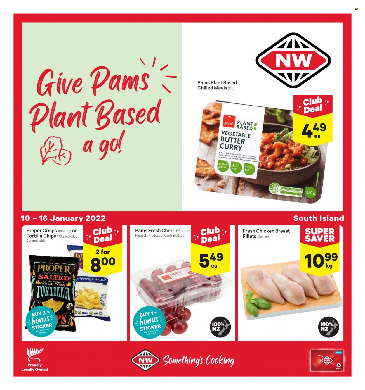 thumbnail - New World mailer - 10.01.2022 - 16.01.2022 - Sales products - cherries, sauce, butter, tortilla chips, chips, chickpeas, chicken breasts, sticker. Page 1.