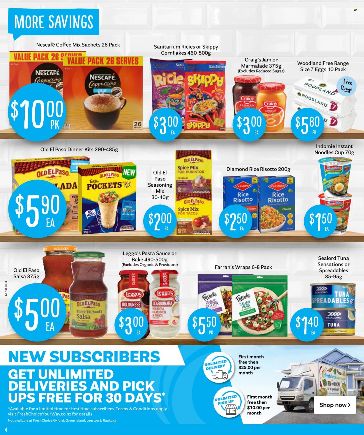 thumbnail - Fresh Choice mailer - 10.01.2022 - 16.01.2022 - Sales products - Old El Paso, wraps, tuna, Sealord, risotto, pasta sauce, instant noodles, noodles cup, dinner kit, noodles, eggs, sealord tuna, corn flakes, rice, spice, salsa, fruit jam, coffee, Nescafé. Page 4.