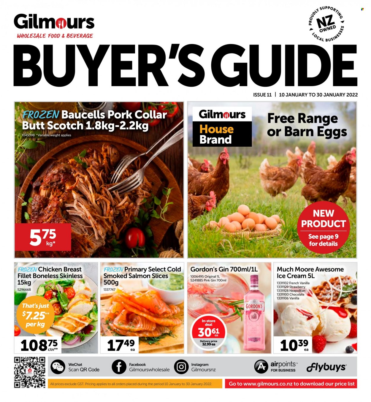 thumbnail - Gilmours mailer - 10.01.2022 - 30.01.2022 - Sales products - salmon, smoked salmon, eggs, ice cream, Much Moore, gin, Gordon's, chicken breasts. Page 1.