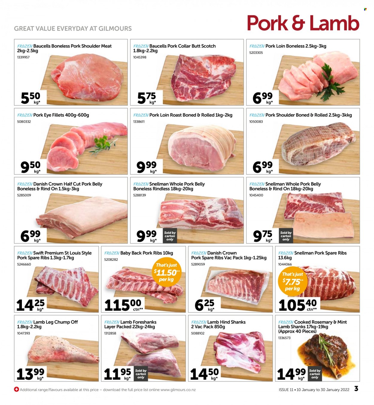 thumbnail - Gilmours mailer - 10.01.2022 - 30.01.2022 - Sales products - rosemary, pork belly, pork loin, pork meat, pork ribs, pork shoulder, pork spare ribs, pork back ribs, lamb meat, lamb leg. Page 3.