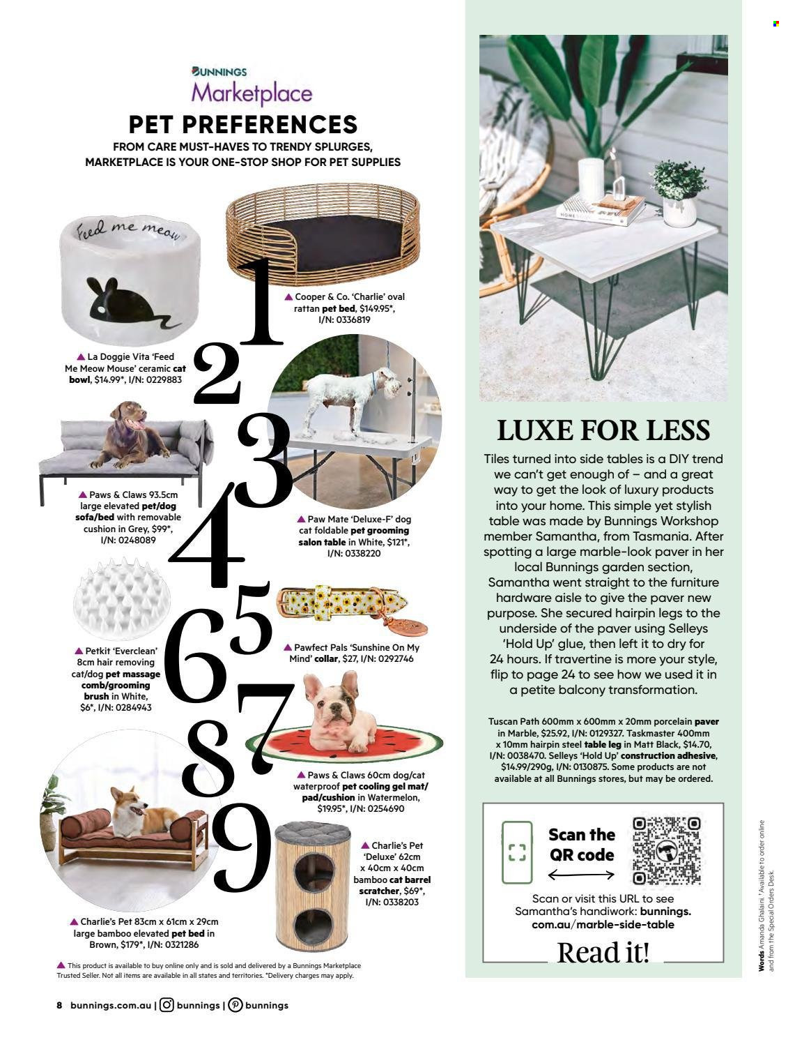 thumbnail - Bunnings Warehouse mailer - 01.01.2022 - 31.01.2022 - Sales products - table leg, sofa, desk, cushion, bowl, glue, adhesive. Page 8.