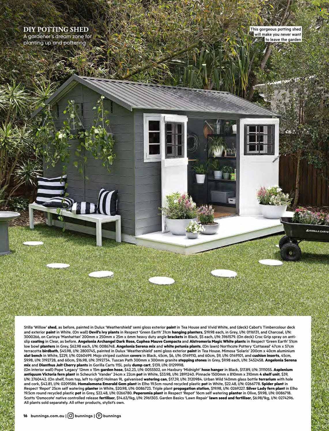 thumbnail - Bunnings Warehouse mailer - 01.01.2022 - 31.01.2022 - Sales products - bench, shelf unit, cushion, hanger, pot, bowl, paint, Dulux, cart, shed, watering can, plant seeds, rose, garden hose. Page 16.