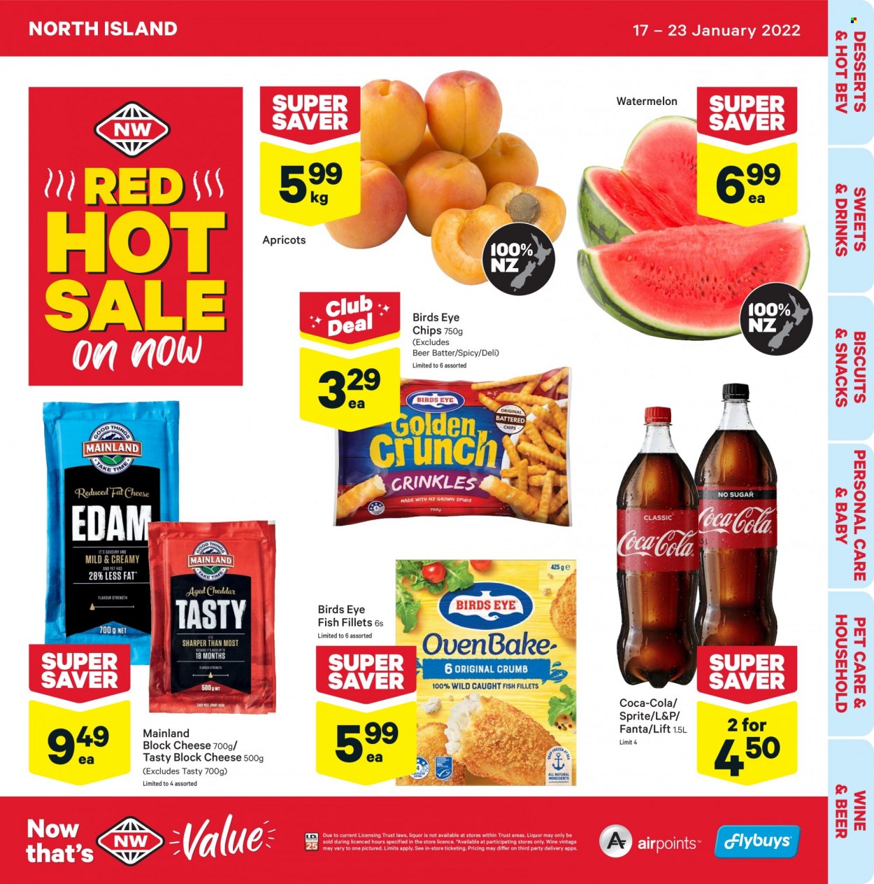 thumbnail - New World mailer - 17.01.2022 - 23.01.2022 - Sales products - watermelon, apricots, fish fillets, fish, Bird's Eye, cheese, snack, biscuit, chips, Coca-Cola, Sprite, Fanta, L&P, beer. Page 1.