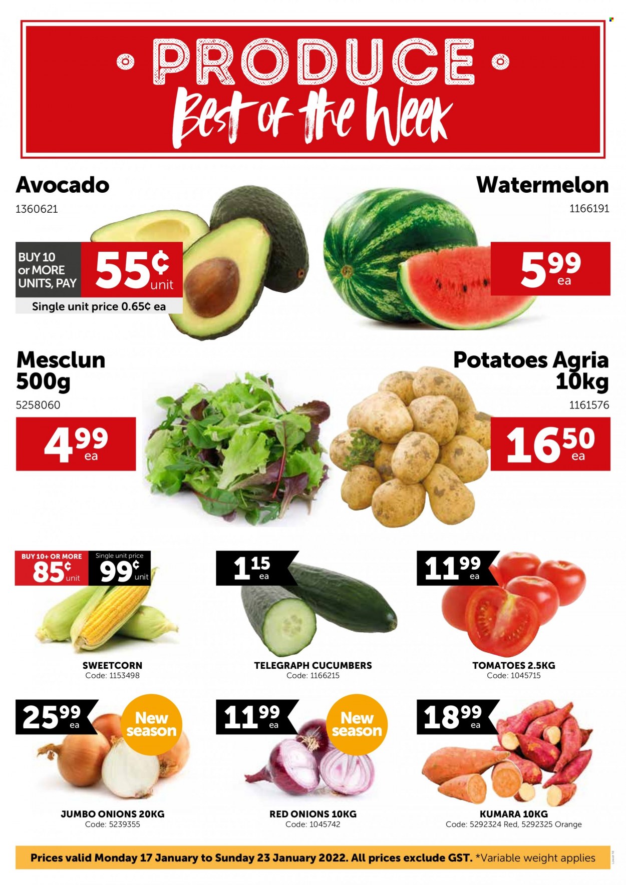 thumbnail - Gilmours mailer - 17.01.2022 - 23.01.2022 - Sales products - cucumber, red onions, tomatoes, potatoes, onion, mesclun, avocado, watermelon, oranges. Page 1.