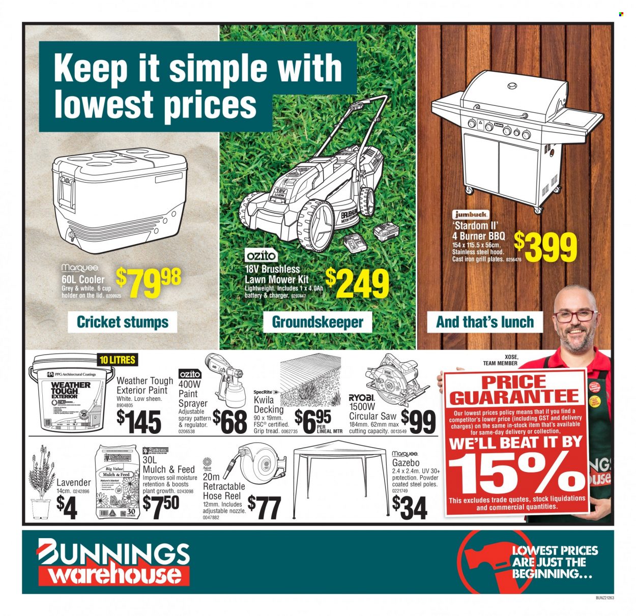 thumbnail - Bunnings Warehouse mailer - 19.01.2022 - 30.01.2022 - Sales products - plate, cup, paint, circular saw, saw, lawn mower, gazebo, grill, Mulch & Feed, sprayer, hose reel, garden mulch. Page 1.
