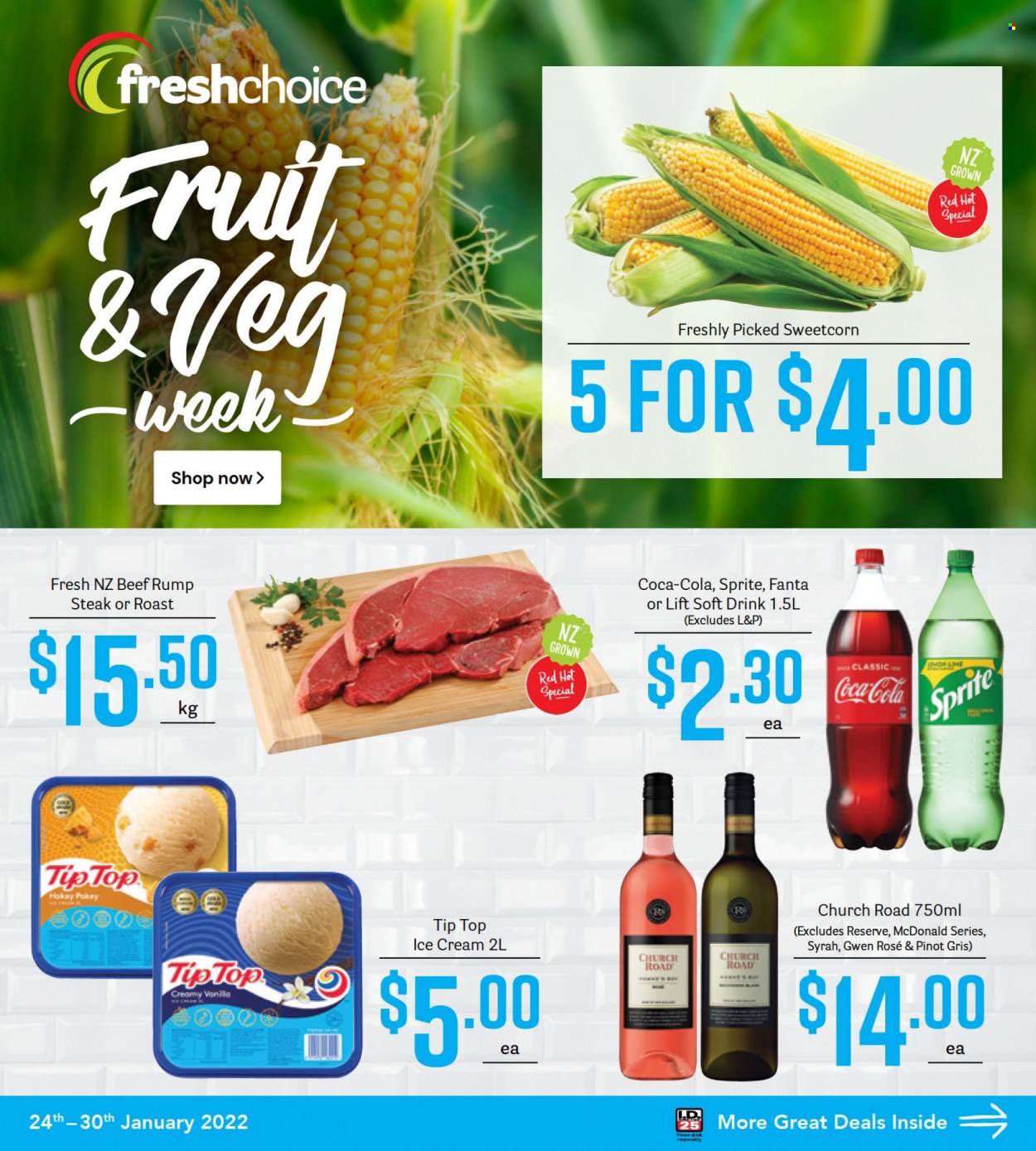 thumbnail - Fresh Choice mailer - 24.01.2022 - 30.01.2022 - Sales products - Tip Top, ice cream, Coca-Cola, Sprite, Fanta, soft drink, L&P, red wine, white wine, wine, Syrah, Pinot Grigio, rosé wine, steak, rose. Page 1.
