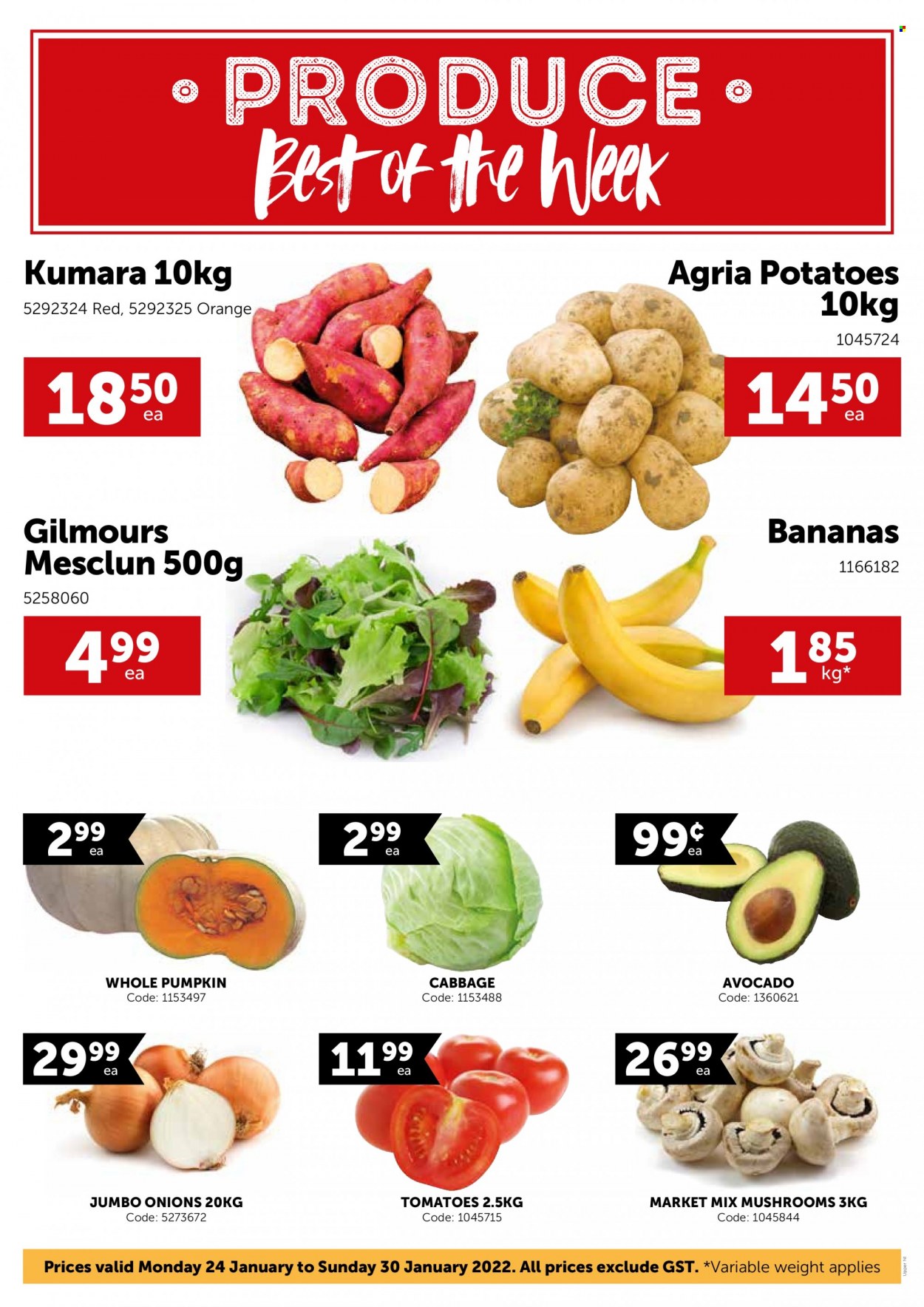 thumbnail - Gilmours mailer - 24.01.2022 - 30.01.2022 - Sales products - mushrooms, tomatoes, potatoes, pumpkin, onion, mesclun, avocado, bananas, oranges. Page 1.