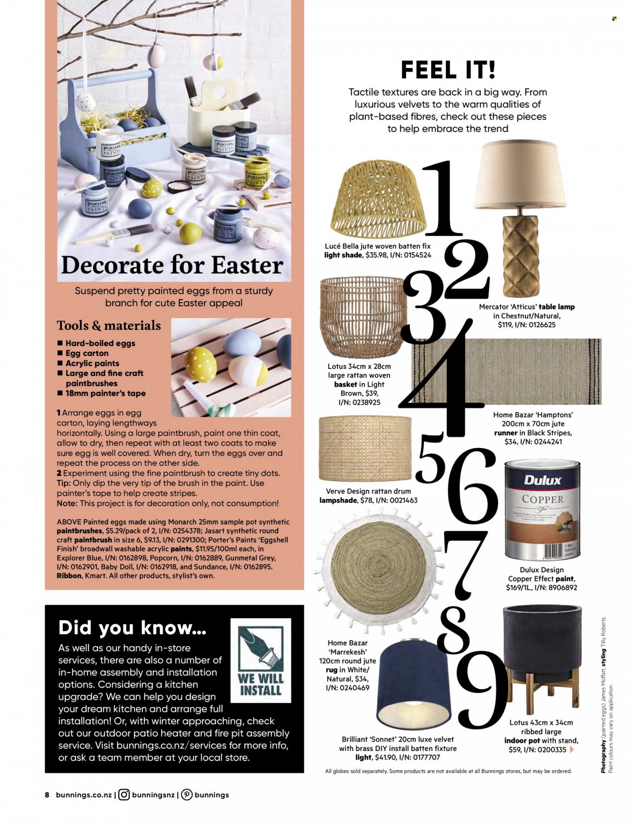 thumbnail - Bunnings Warehouse mailer - Sales products - Lotus, basket, brush, pot, Dulux, lamp, table lamp, heater, rug, fire bowl. Page 8.