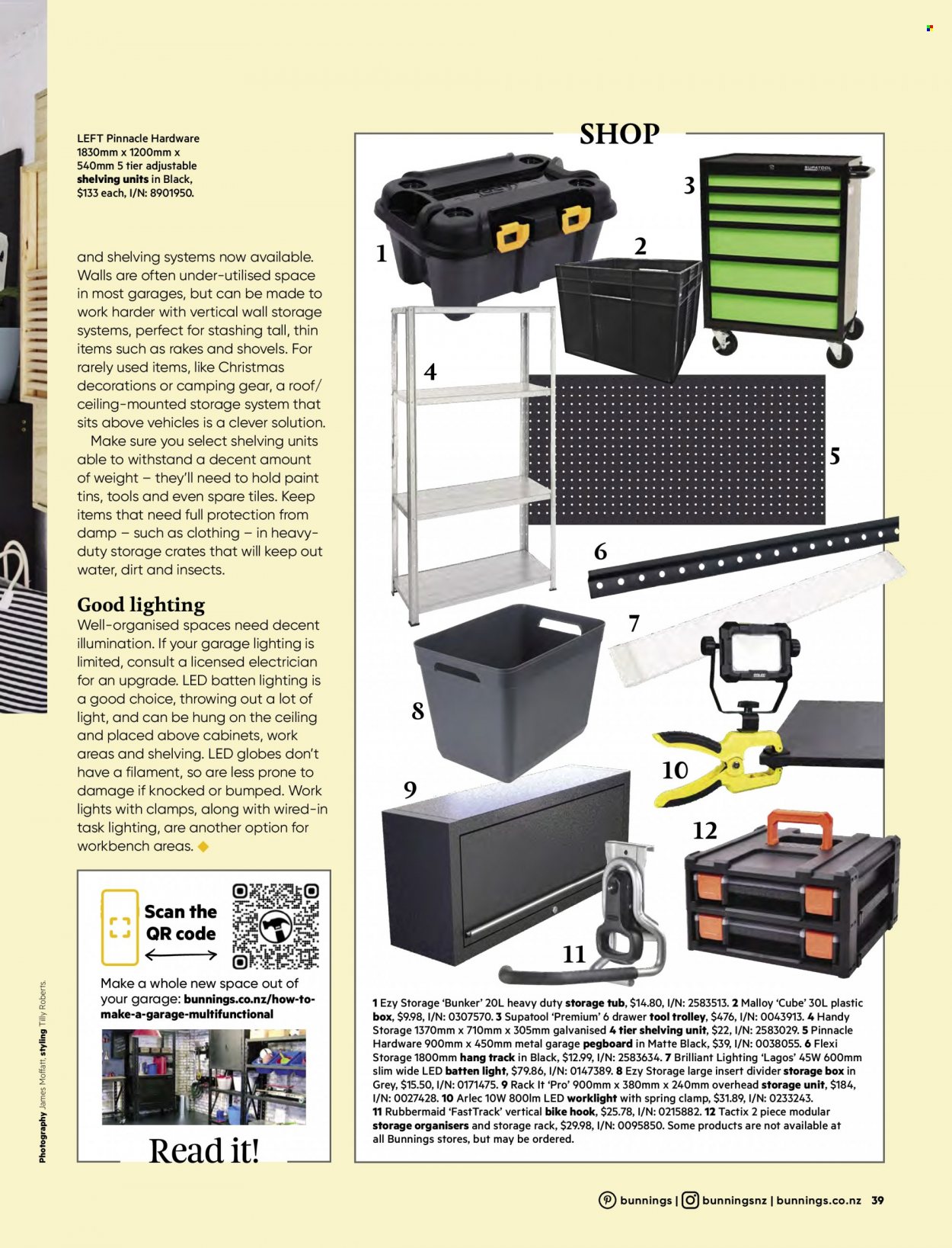 thumbnail - Bunnings Warehouse mailer - Sales products - trolley, storage box, work bench, shelves, shelf unit, pegboard, paint, lighting, shovel. Page 39.