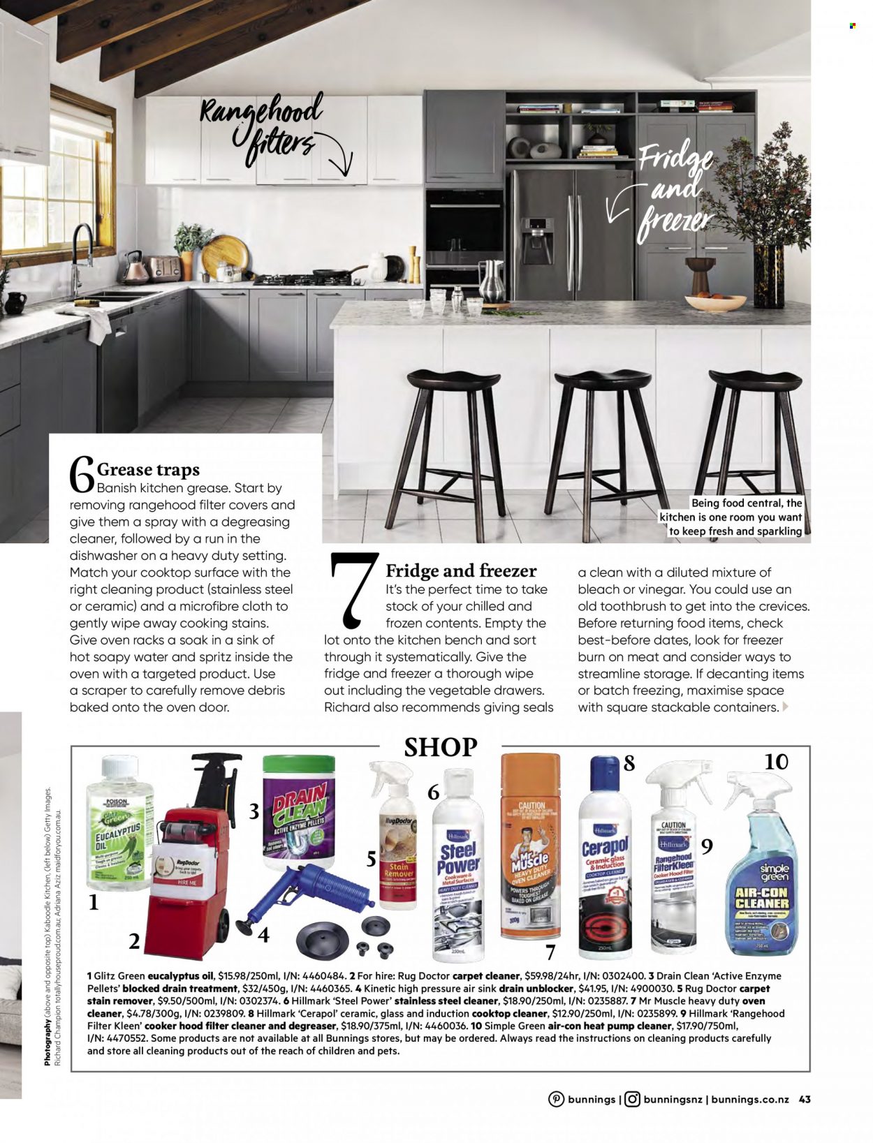 thumbnail - Bunnings Warehouse mailer - Sales products - kitchen bench, bench, sink, cleaner, bleach, stain remover, Mr. Muscle, cooker hood, freezer, dishwasher, cooktop, induction cooktop, rug, pump. Page 43.