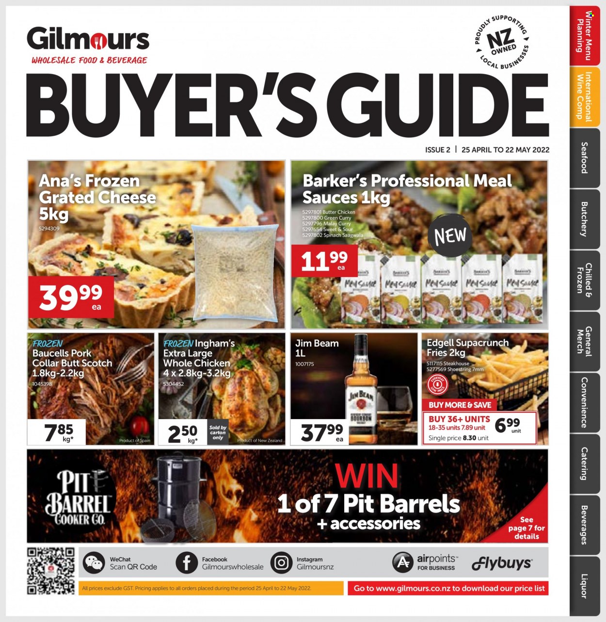 thumbnail - Gilmours mailer - 25.04.2022 - 22.05.2022 - Sales products - seafood, cheese, grated cheese, potato fries, wine, liquor, Jim Beam, whole chicken. Page 1.