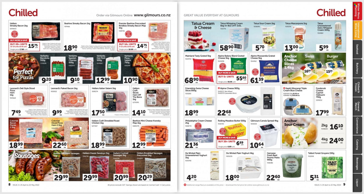 thumbnail - Gilmours mailer - 25.04.2022 - 22.05.2022 - Sales products - seafood, pizza, chicken roast, hamburger, bacon, salami, ham, chorizo, ham off the bone, streaky bacon, sausage, Kransky, blue cheese, camembert, cream cheese, Gruyere, mascarpone, sliced cheese, swiss cheese, halloumi, Philadelphia, brie, grated cheese, Talbot Forest Cheese, yoghurt, butter, Anchor, sour cream, whipped cream, whipping cream, esponja, pesto, wine, liquor. Page 5.