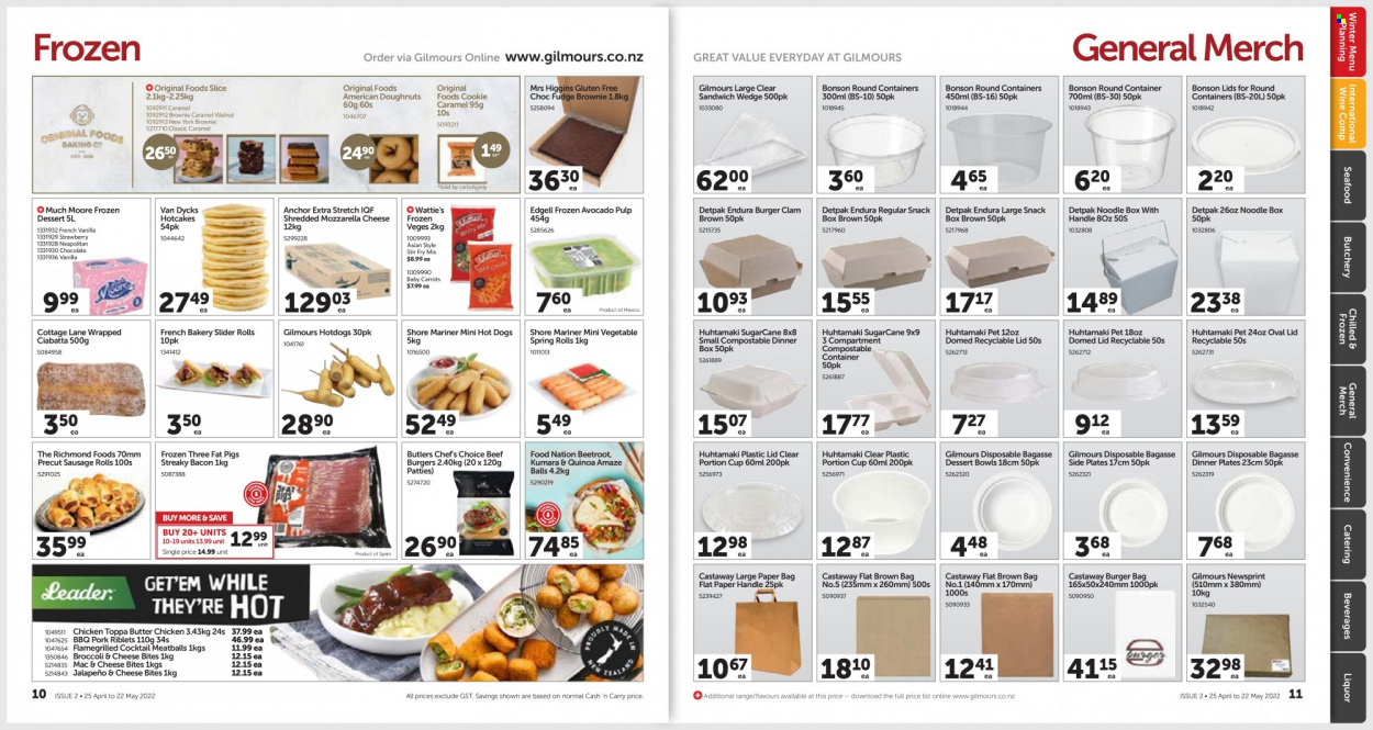 thumbnail - Gilmours mailer - 25.04.2022 - 22.05.2022 - Sales products - ciabatta, sausage rolls, brownies, donut, broccoli, carrots, jalapeño, beetroot, avocado, sugar cane, clams, seafood, Shore Mariner, hot dog, meatballs, sandwich, hamburger, spring rolls, noodles, Wattie's, beef burger, bacon, streaky bacon, sausage, Anchor, Much Moore, fudge, chocolate, snack, quinoa, caramel, wine, liquor. Page 6.