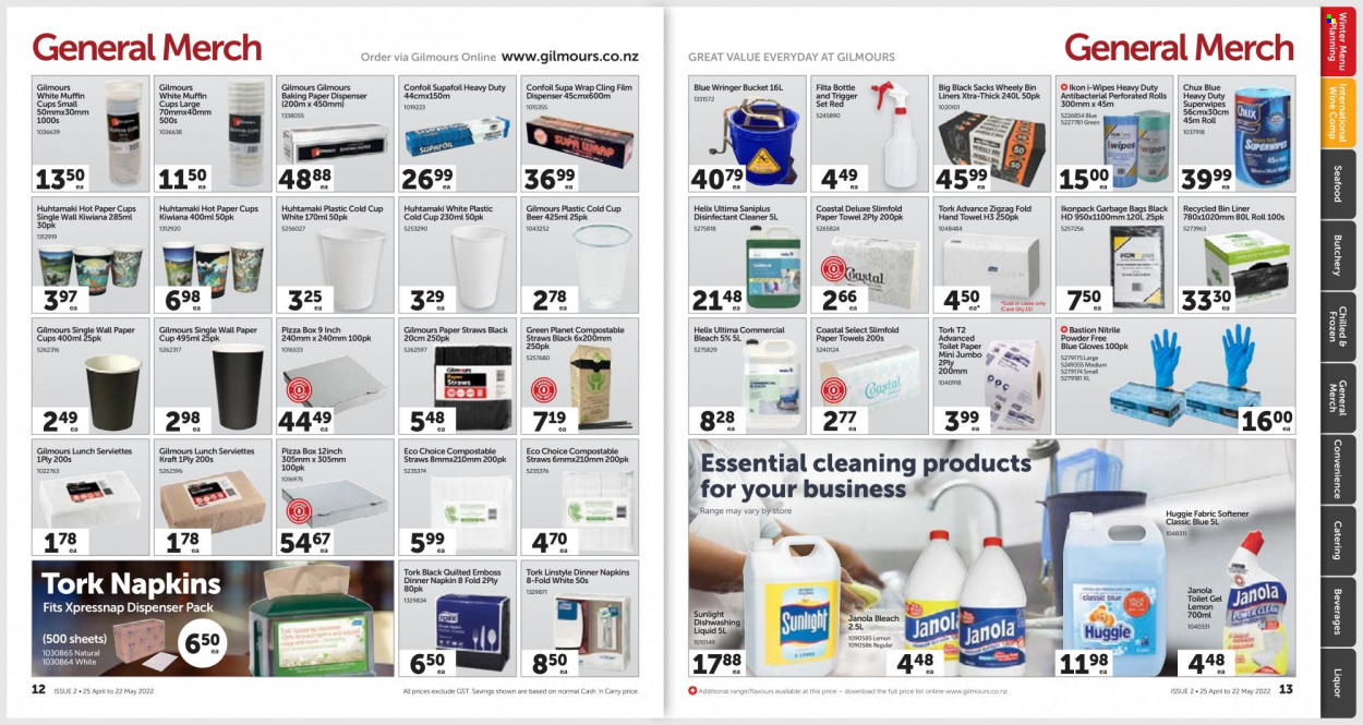 thumbnail - Gilmours mailer - 25.04.2022 - 22.05.2022 - Sales products - muffin, seafood, Kraft®, wine, liquor, beer, wipes, toilet paper, napkins, kitchen towels, paper towels, cleaner, bleach, desinfection, fabric softener, Sunlight, XTRA, dishwashing liquid. Page 7.
