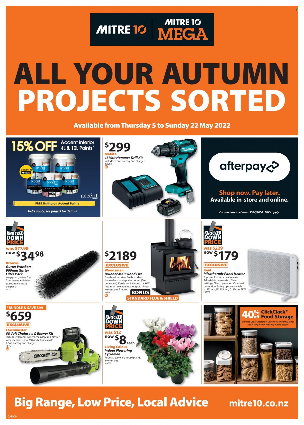 thumbnail - Mitre 10 mailer - 05.05.2022 - 22.05.2022 - Sales products - heater, drill, Makita, chain saw, firebox, pot. Page 1.