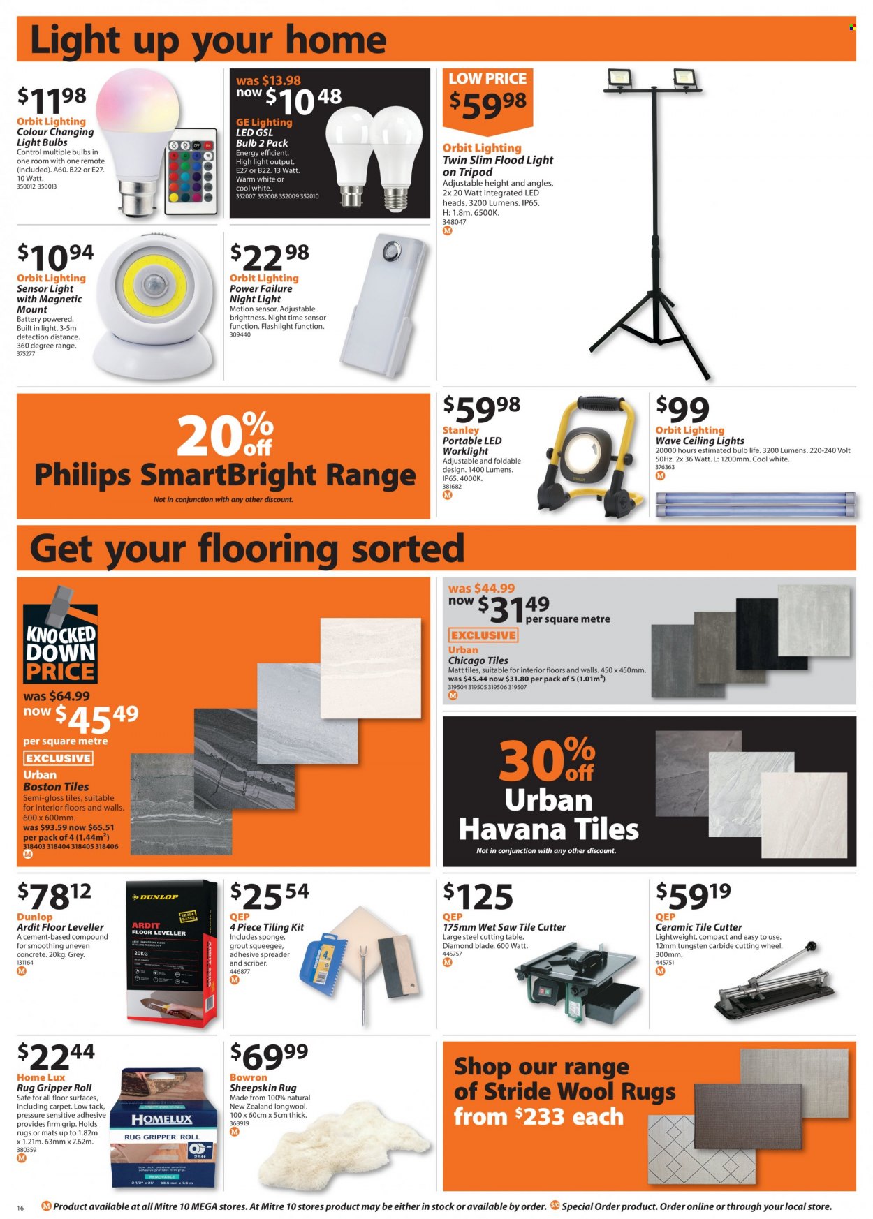 thumbnail - Mitre 10 mailer - 05.05.2022 - 22.05.2022 - Sales products - bulb, light bulb, Philips, table, Stanley, floodlight, lighting, flooring, rug, tripod, saw, spreader, cutter. Page 16.