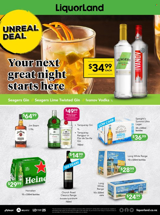thumbnail - Liquorland mailer - 09.05.2022 - 22.05.2022 - Sales products - red wine, wine, Syrah, gin, vodka, Jim Beam, beer, Heineken, Lager. Page 1.