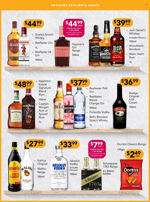 thumbnail - Liquorland mailer - 09.05.2022 - 22.05.2022 - Sales products - Doritos, Schweppes, coffee, Kahlúa, bourbon, Captain Morgan, gin, liqueur, rum, spiced rum, vodka, whiskey, irish cream, Jack Daniel's, Baileys, Grant's, Absolut, Beefeater, Malibu, scotch whisky, whisky. Page 5.